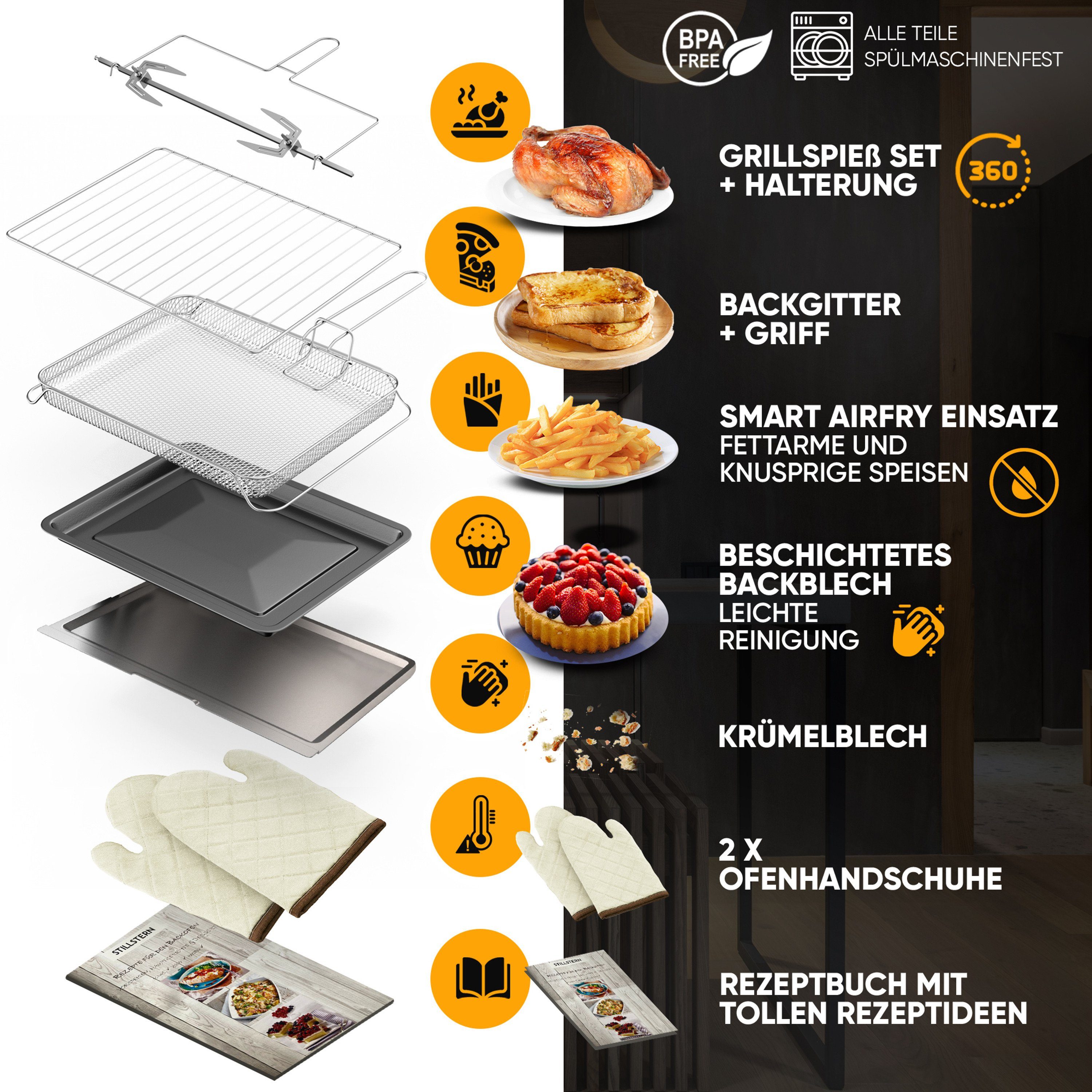 Stillstern Minibackofen MB35-LED 2G (35L) Deutsche Version, Ofenhandschuhe, Rezeptheft, Drehspieß, Timer, Innenbeleuchtung