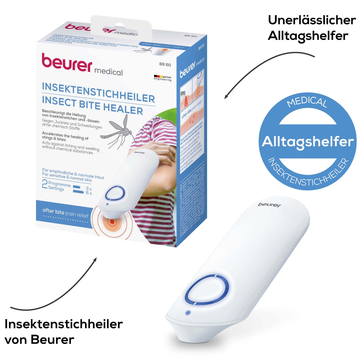 Beurer Insektenstichheiler BR 60-Stichheiler gegen Juckreiz & Schwellungen mit 2 Programmen