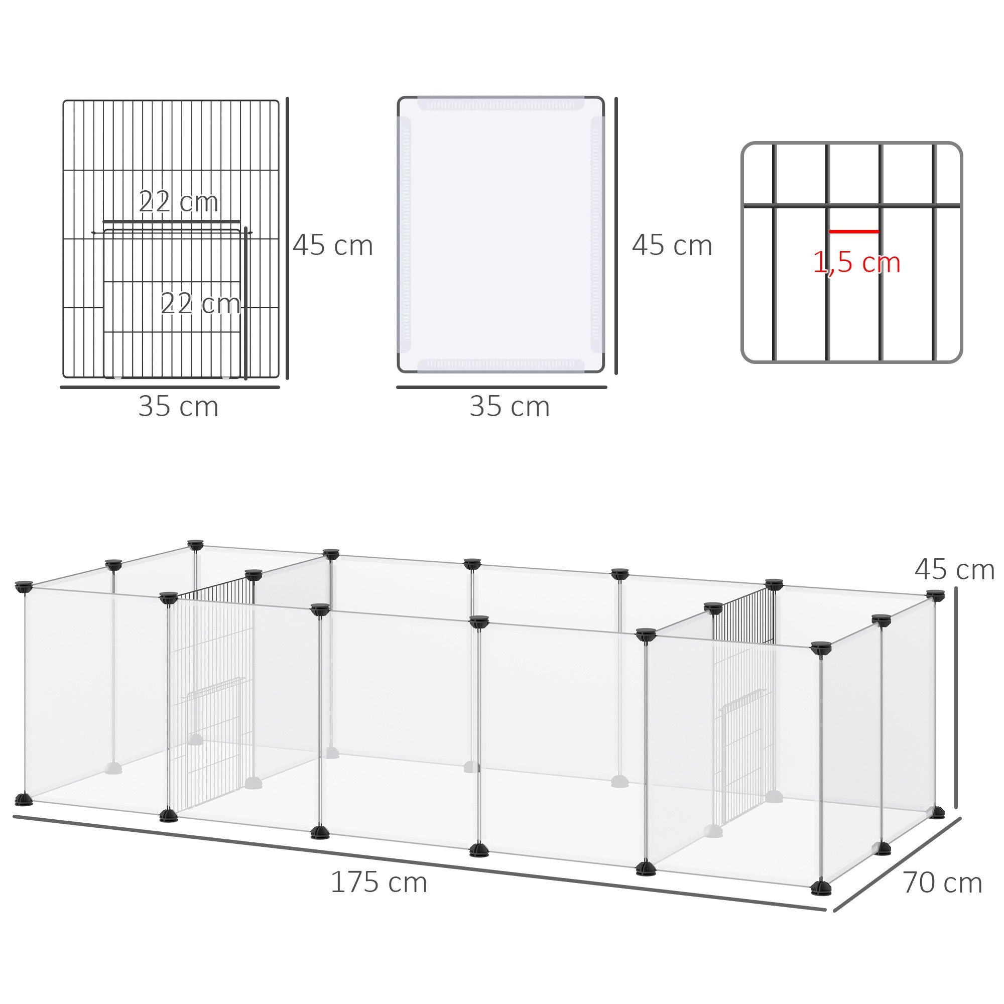 PawHut Kleintierkäfig Freigehege, DIY Kleintiergehege, Stahl, PP-Harzplatte, Weiß, 175L x 70B x 45H cm