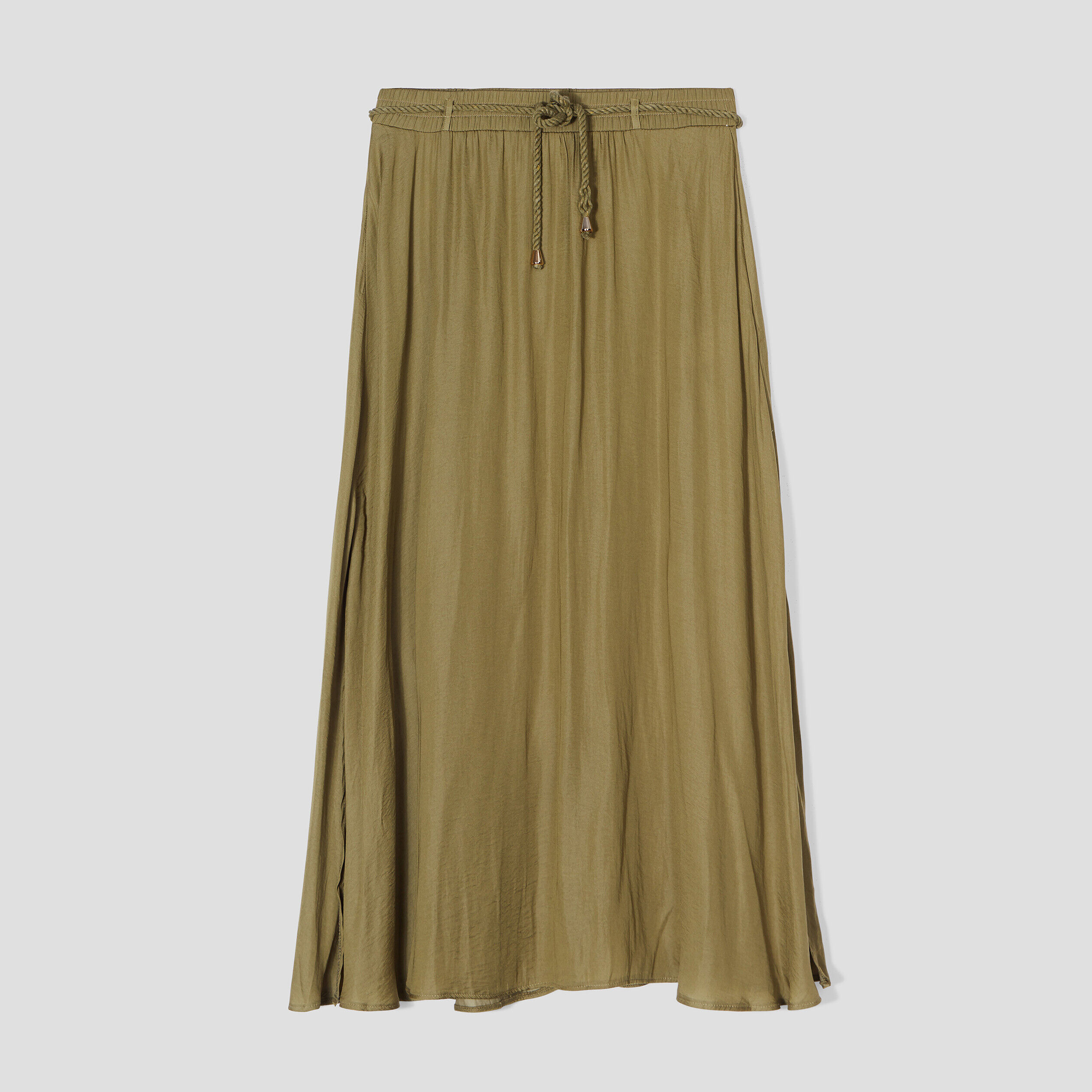 Jupe longue évasée satin vert kaki femme | Cache Cache