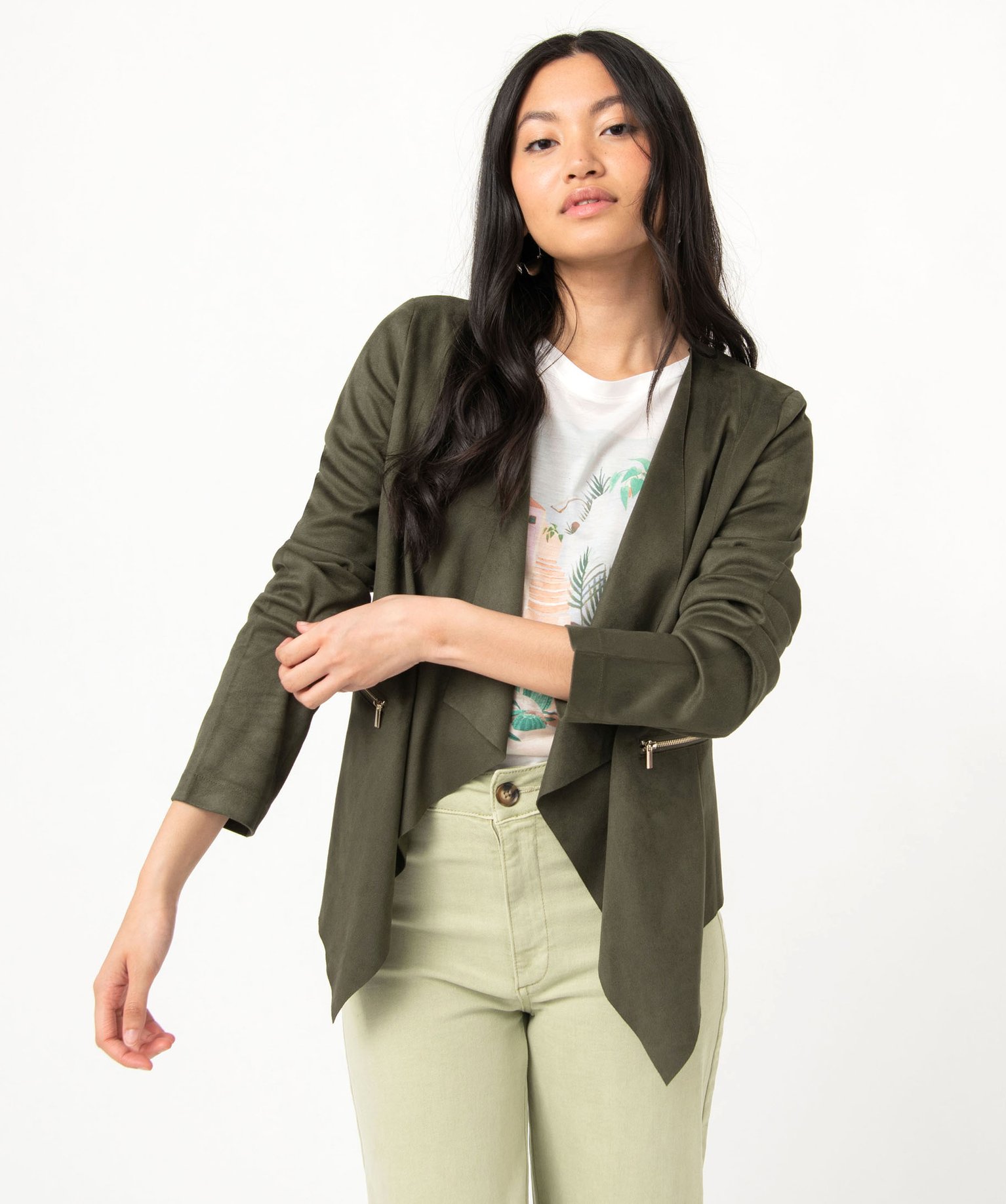Veste en suédine souple portée ouverte femme kaki | GEMO