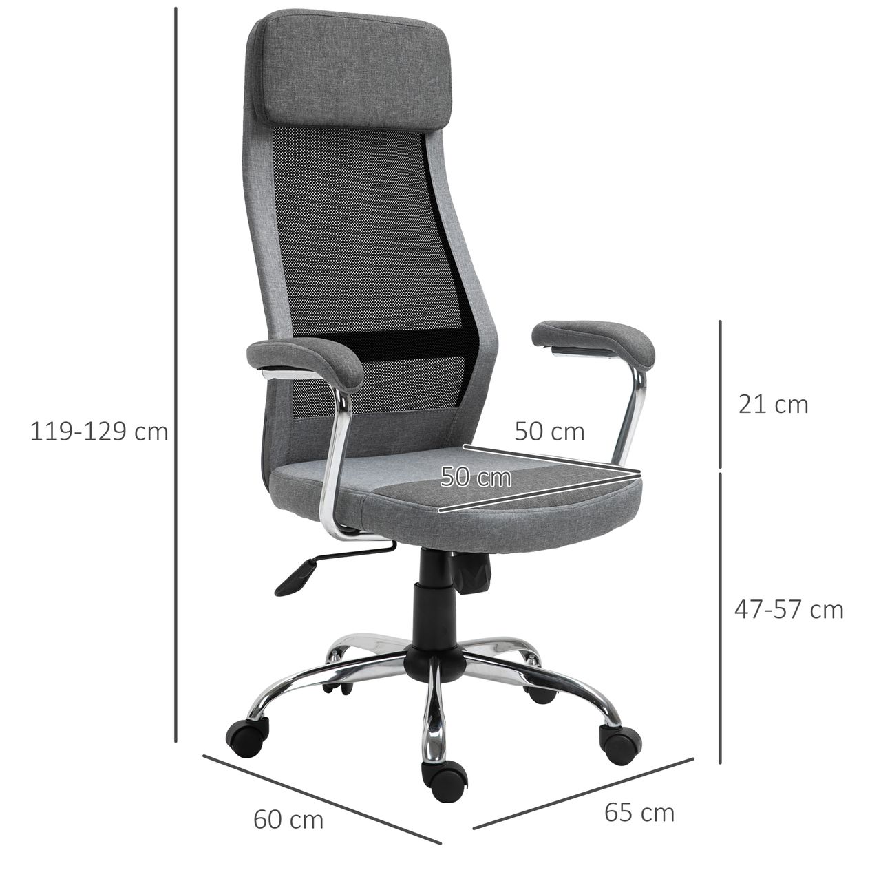 Vinsetto Bürostuhl Computerstuhl ergonomischer Schreibtischstuhl Höhenverstellung und Kopfstütze mit Schaumstoff nordischer Stil hellgrau schwarz 65 x 60 x 119-129 cm