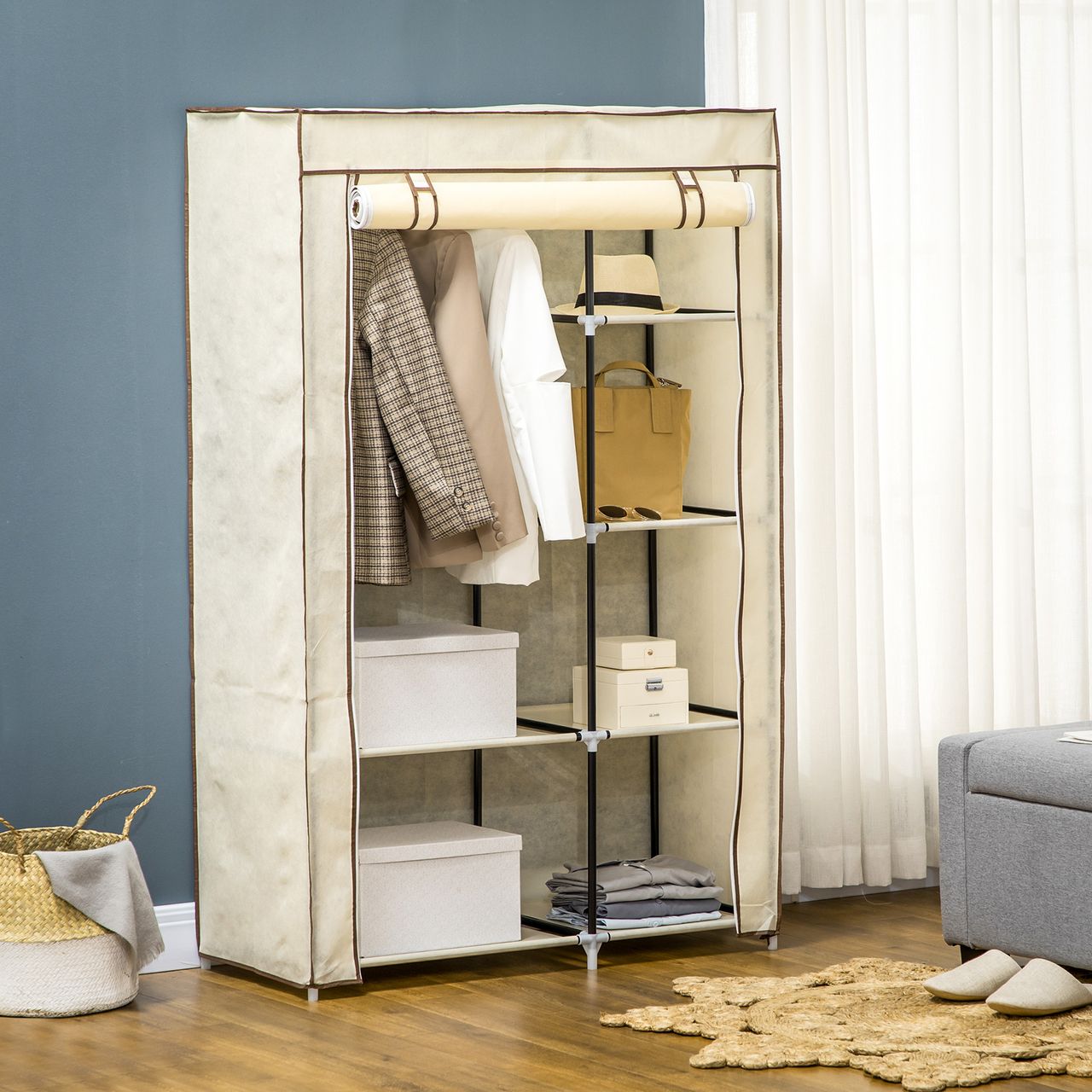 HOMCOM Kleiderschrank Stoffschrank mit 2 Kleiderstangen, 6 Fächern, Creme