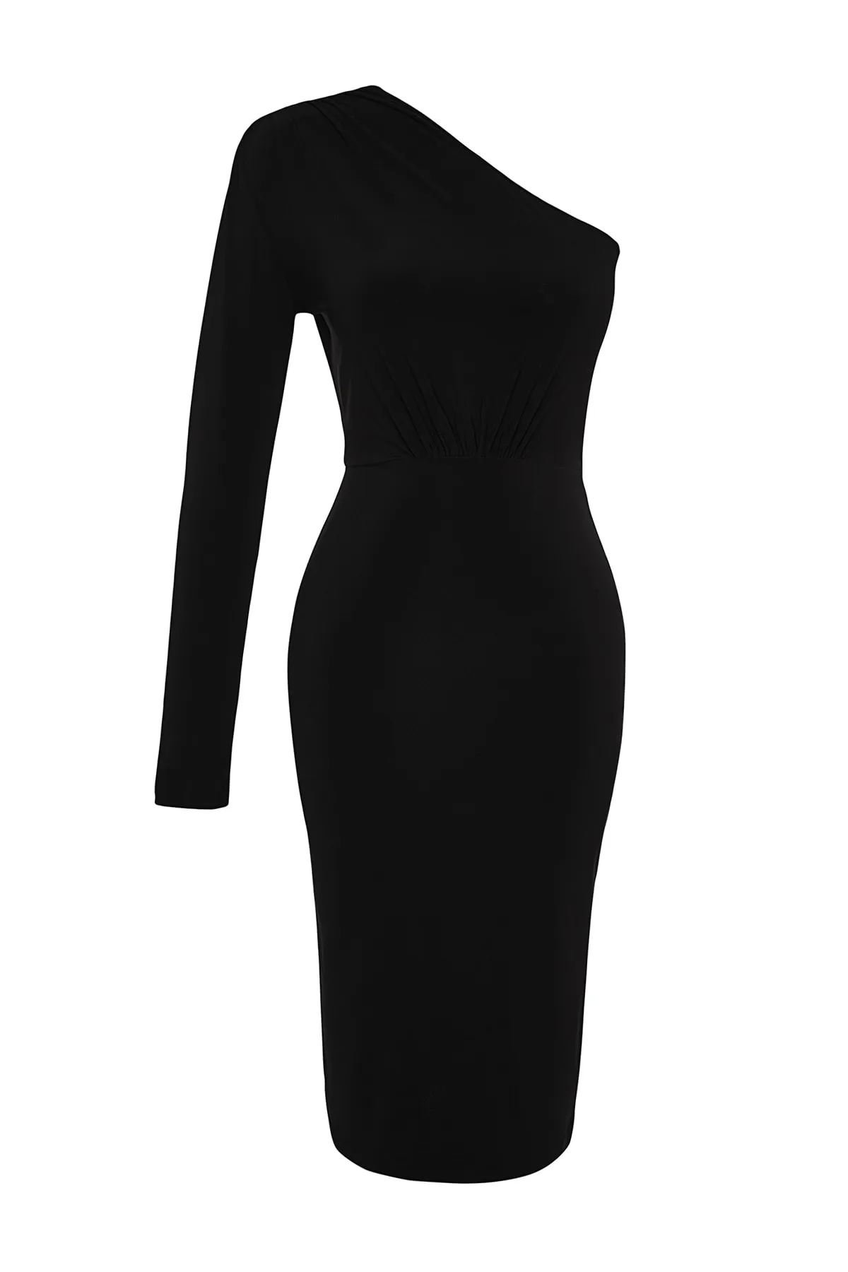 Trendyol Collection  Schwarzes, drapiertes, detailliertes One-Shoulder-Midi-Strickkleid mit Stretch TWOAW24EL00123