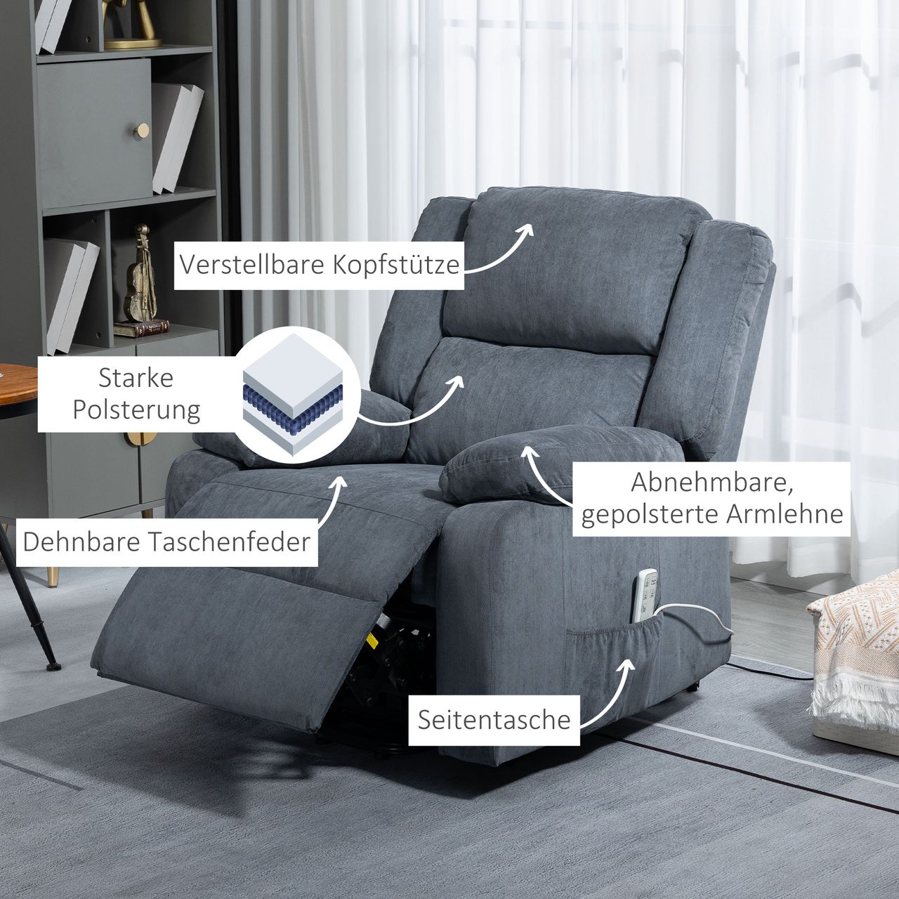 HOMCOM Sessel mit Aufstehhilfe, Aufstehsessel, Elektrischer Fernsehsessel, Grau