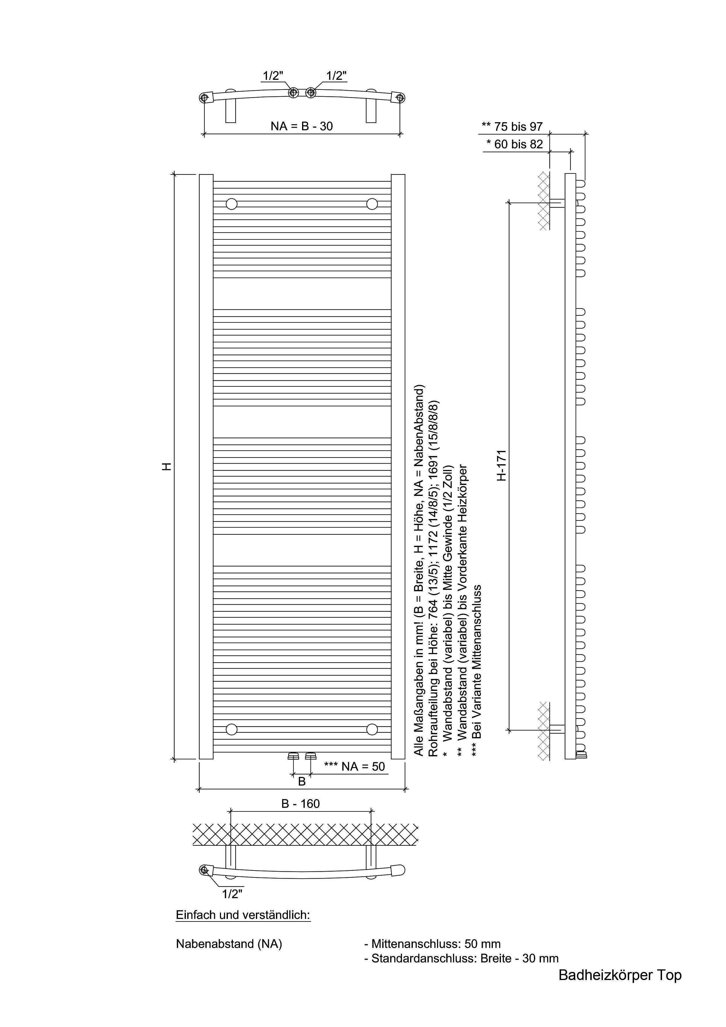 Ximax Badheizkörper Top 1691 mm x 595 mm, 1024 Watt, Mittenanschluss, weiß