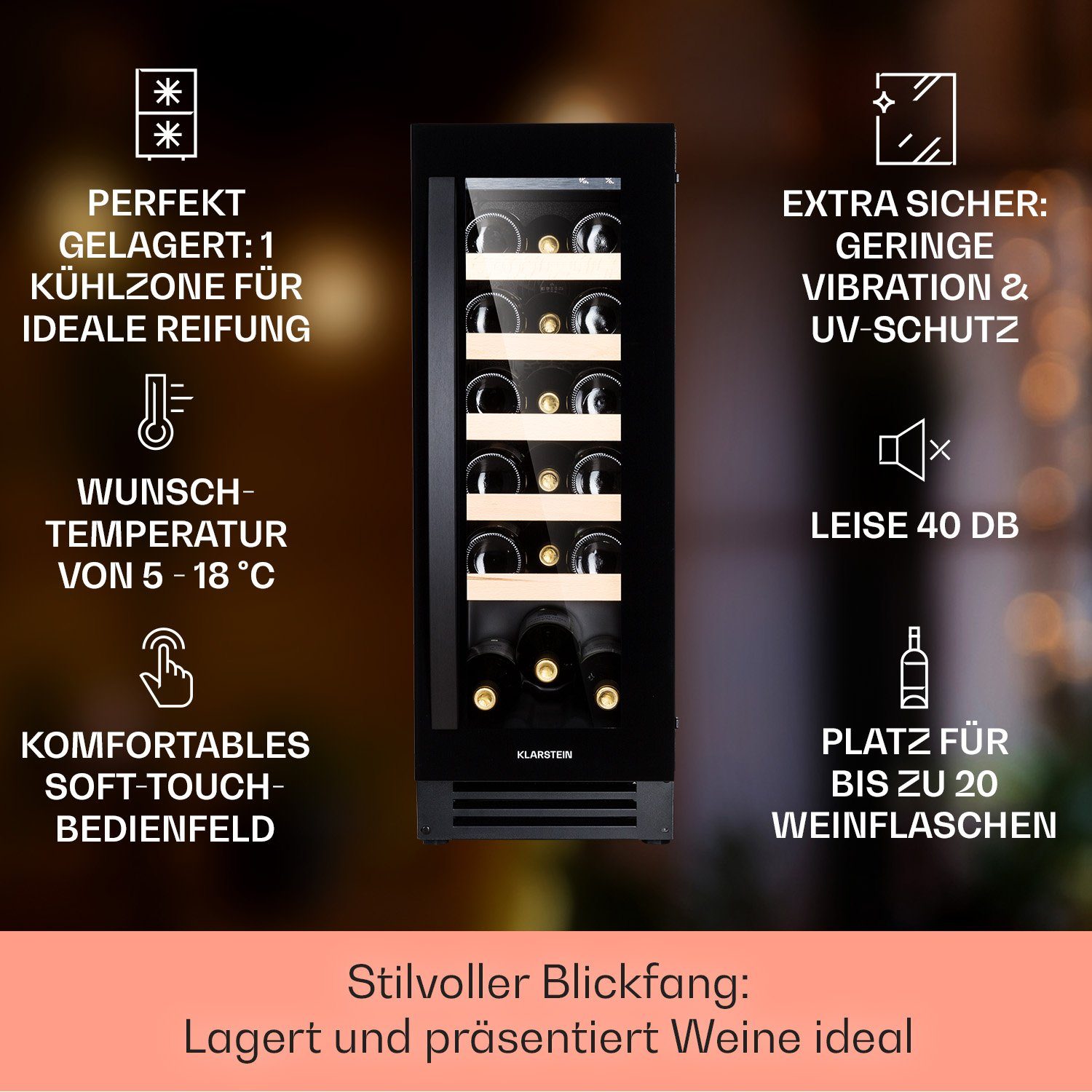 Klarstein Weinkühlschrank Vinovilla 20 Built-In, für 20 Standardflaschen á 0,75l,Wein Flaschenkühlschrank Weintemperierschrank Weinschrank Kühlschrank