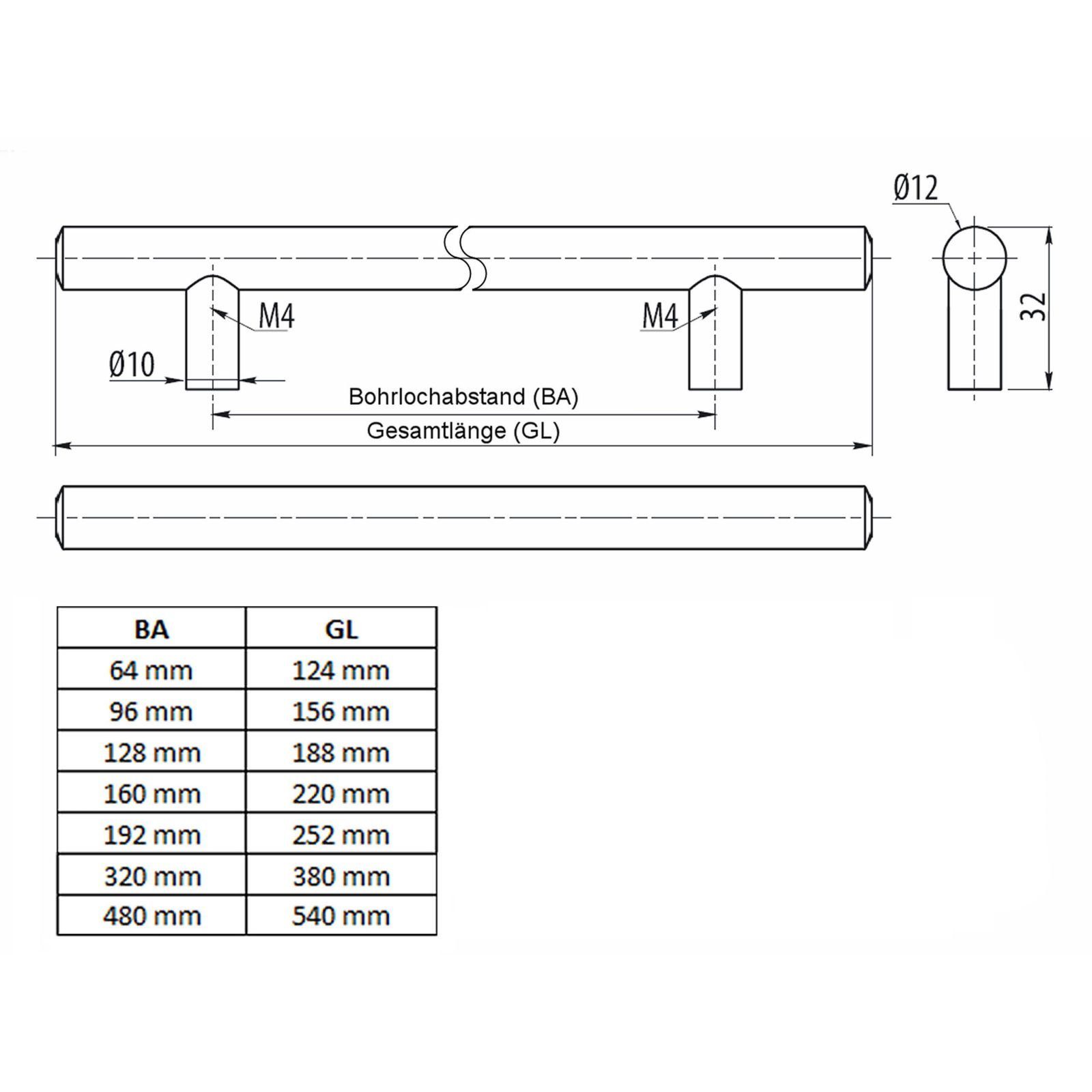 SO-TECH® Möbelgriff Stangengriff G12 Chrom matt Ø 12 mm BA 64 - 480 mm, Griff Schrankgriff Schubladengriff - incl. Schrauben