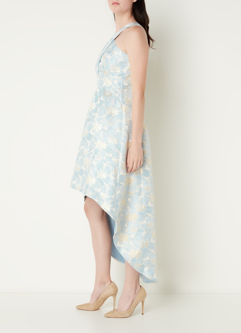 Rochie midi Chi Chi London cu model floral jacquard și tiv asimetric.