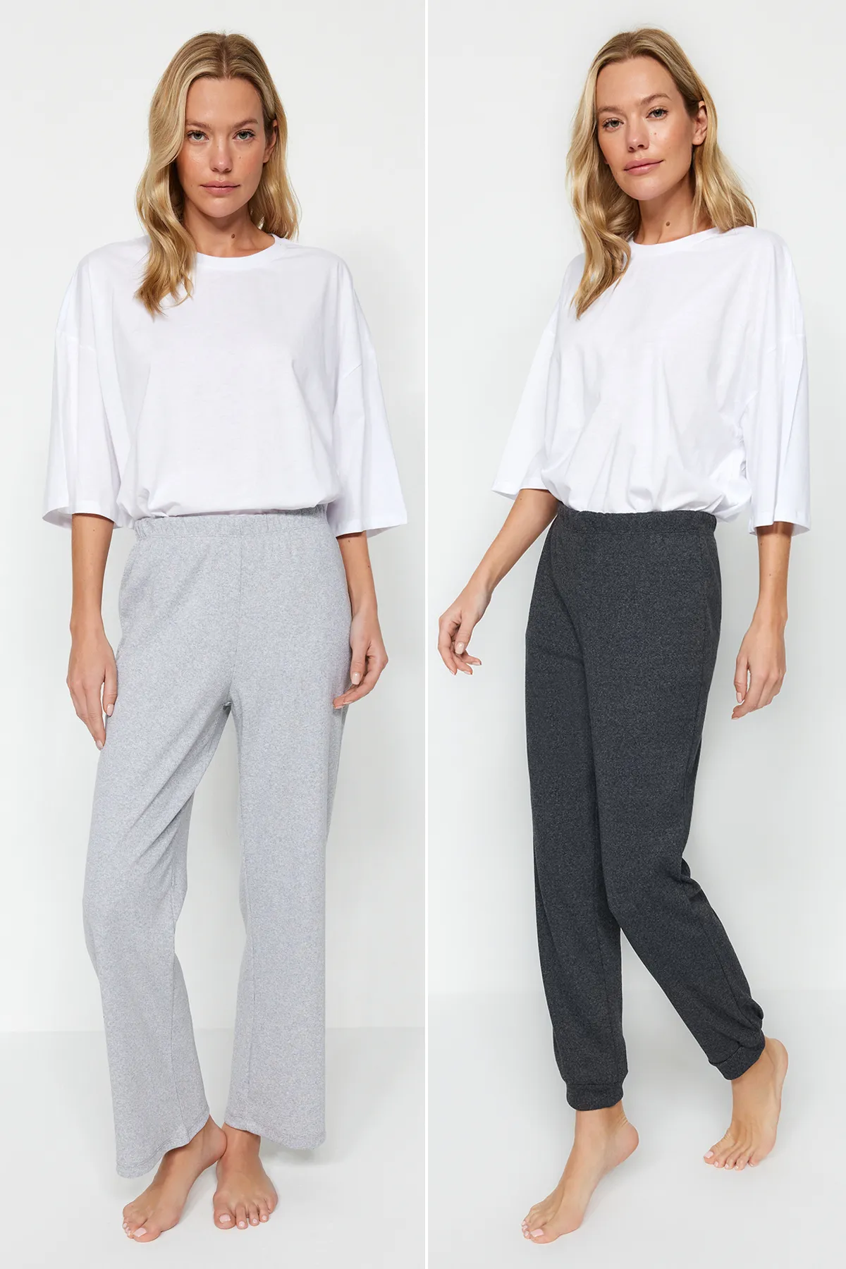Trendyol Collection  Grau-Anthrazit, 2er-Pack gestrickte Pyjamahosen aus schnurgebundener Baumwolle THMAW24PJ00007