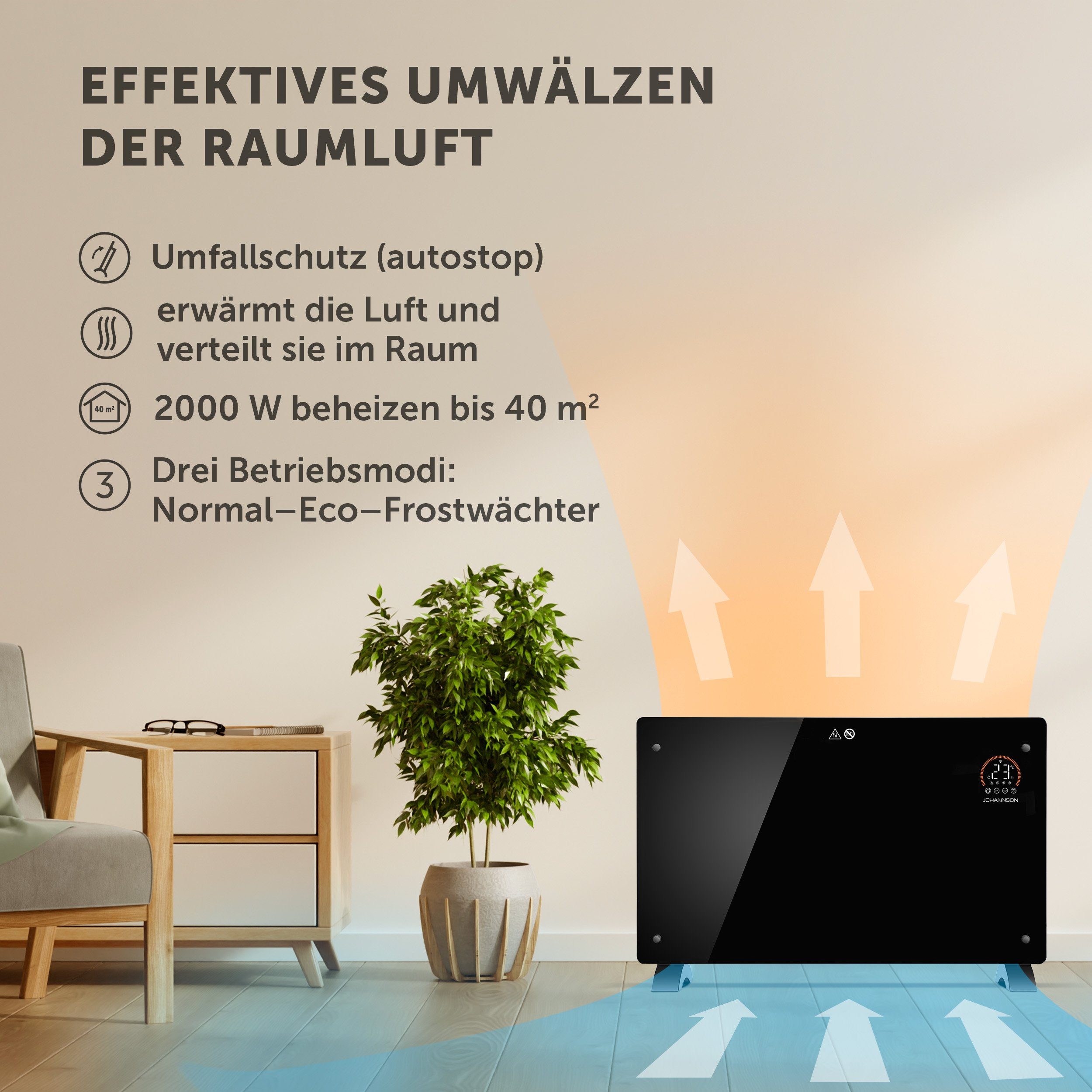Johannson Konvektor Elektroheizung Aurora 2000W Konvektor Heizung, 2000.00 W, Überhitzungsschutz und Kindersicherung