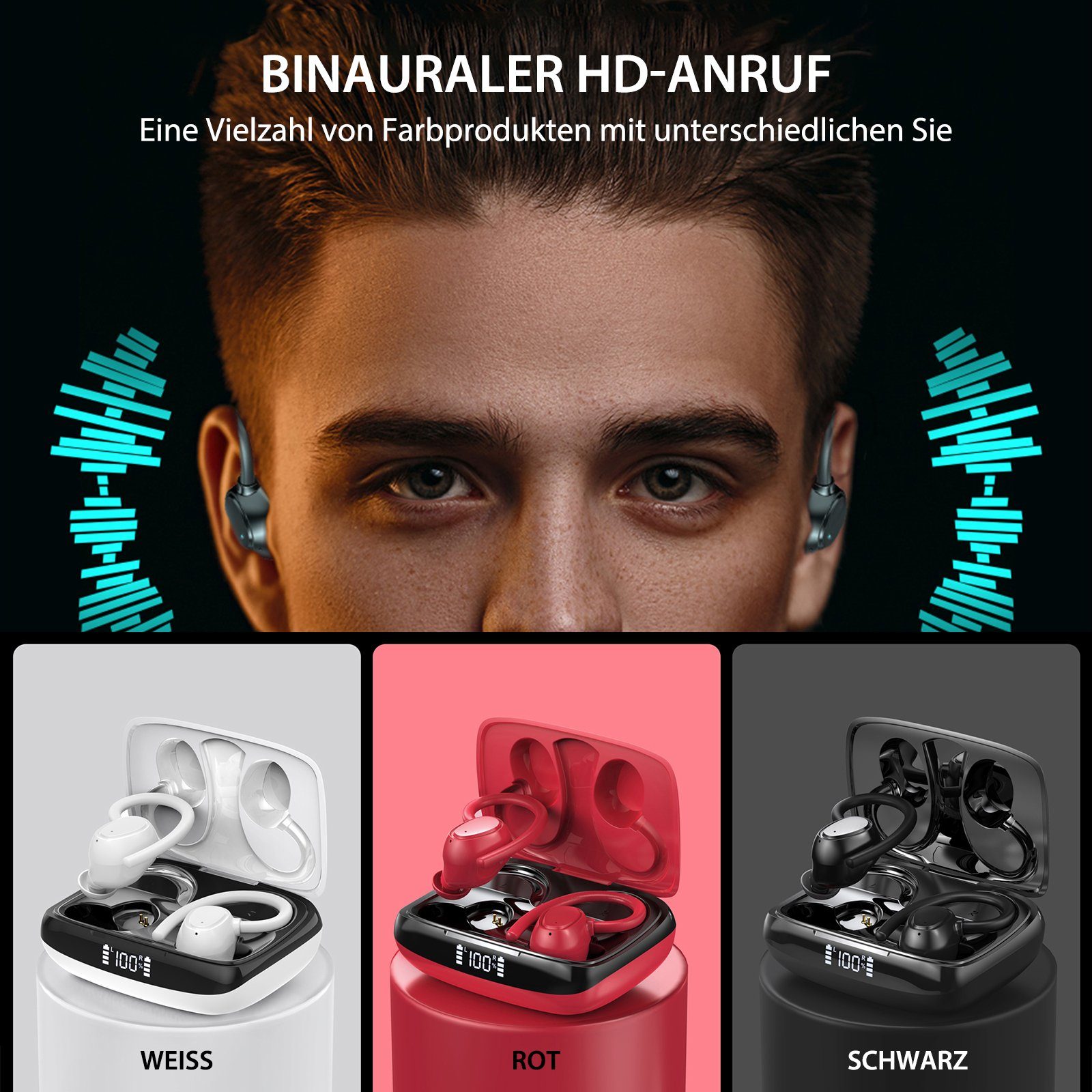 Yuede Bluetooth 5.3 Sportkopfhörer, Earbuds Kabellos mit Ohrbügeln In-Ear-Kopfhörer (Immersives HIFI-Stereo, Bluetooth Kopfhorer mit LED-Ladebox, ENC HD Anruf, Rauschunterdruckung, CVC8.0)