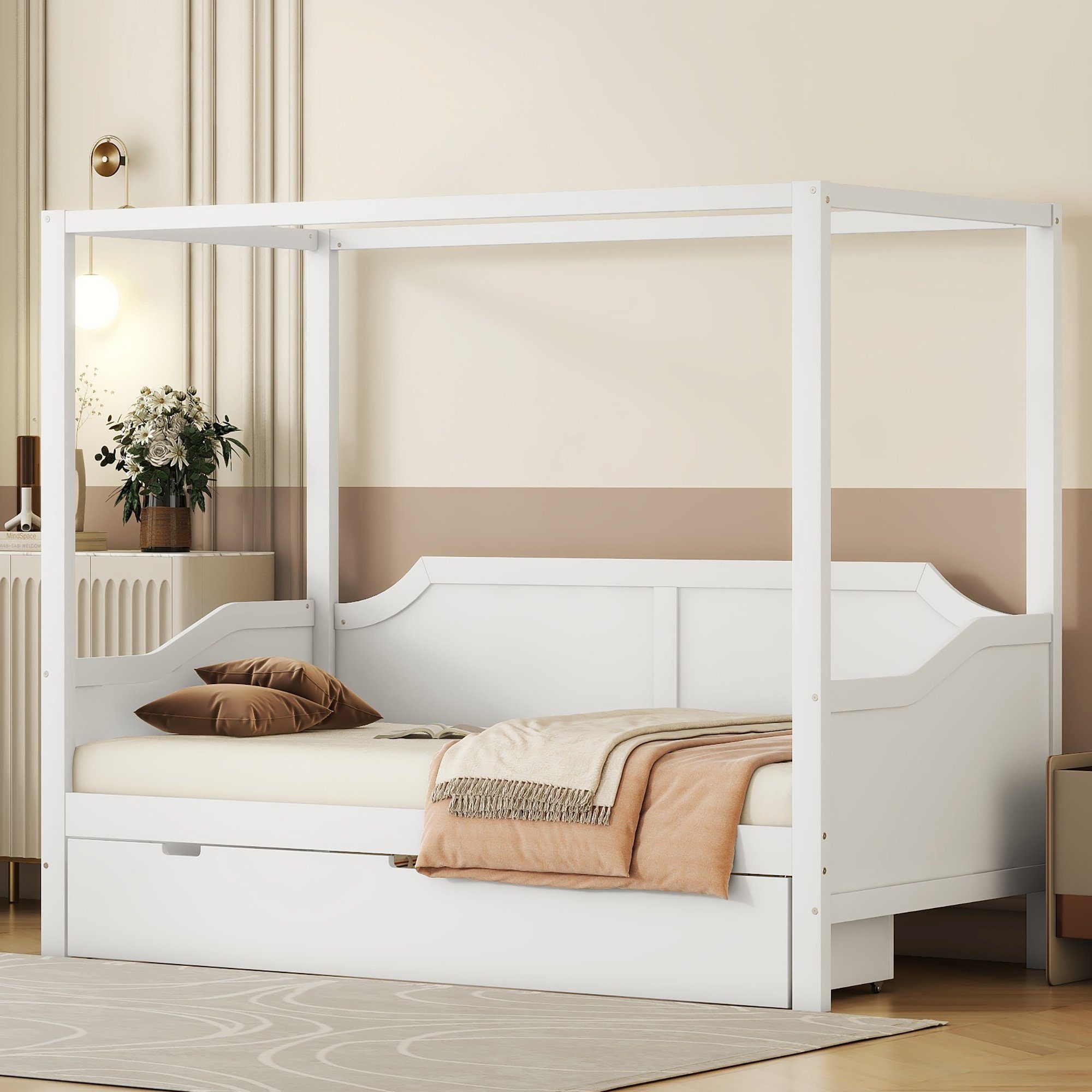SOFTWEARY Himmelbett Einzelbett mit Lattenrost und Schubladen (90x200 cm), Holzbett aus Kiefer