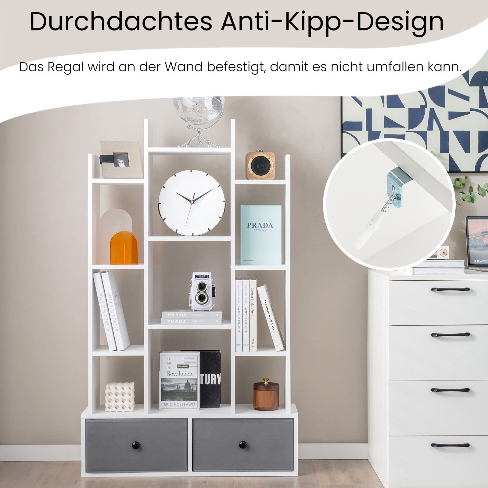 COSTWAY Bücherregal, Standregal mit 12 Fächern und 2 Schublade, 53x24x118cm