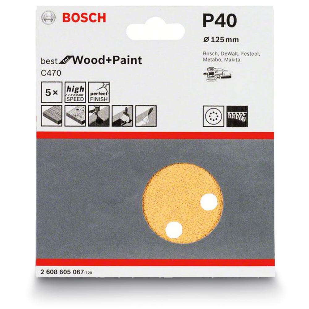 Disco de lixa BOSCH de 125 mm, grão 40, 8 furos, com velcro, para madeira e tinta – C470 – 5 peças
