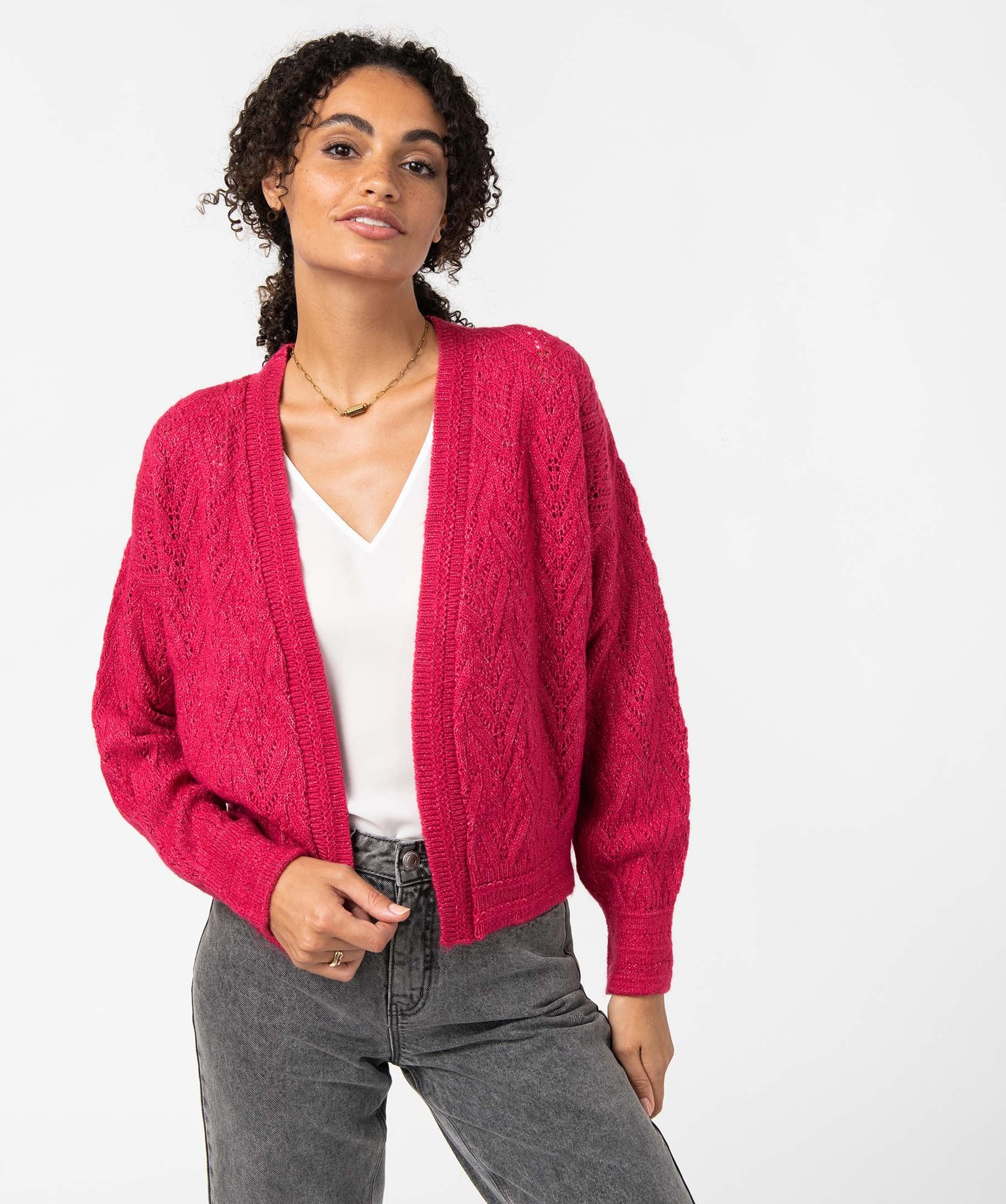 Gilet femme en maille ajourée scintillante rose | GEMO