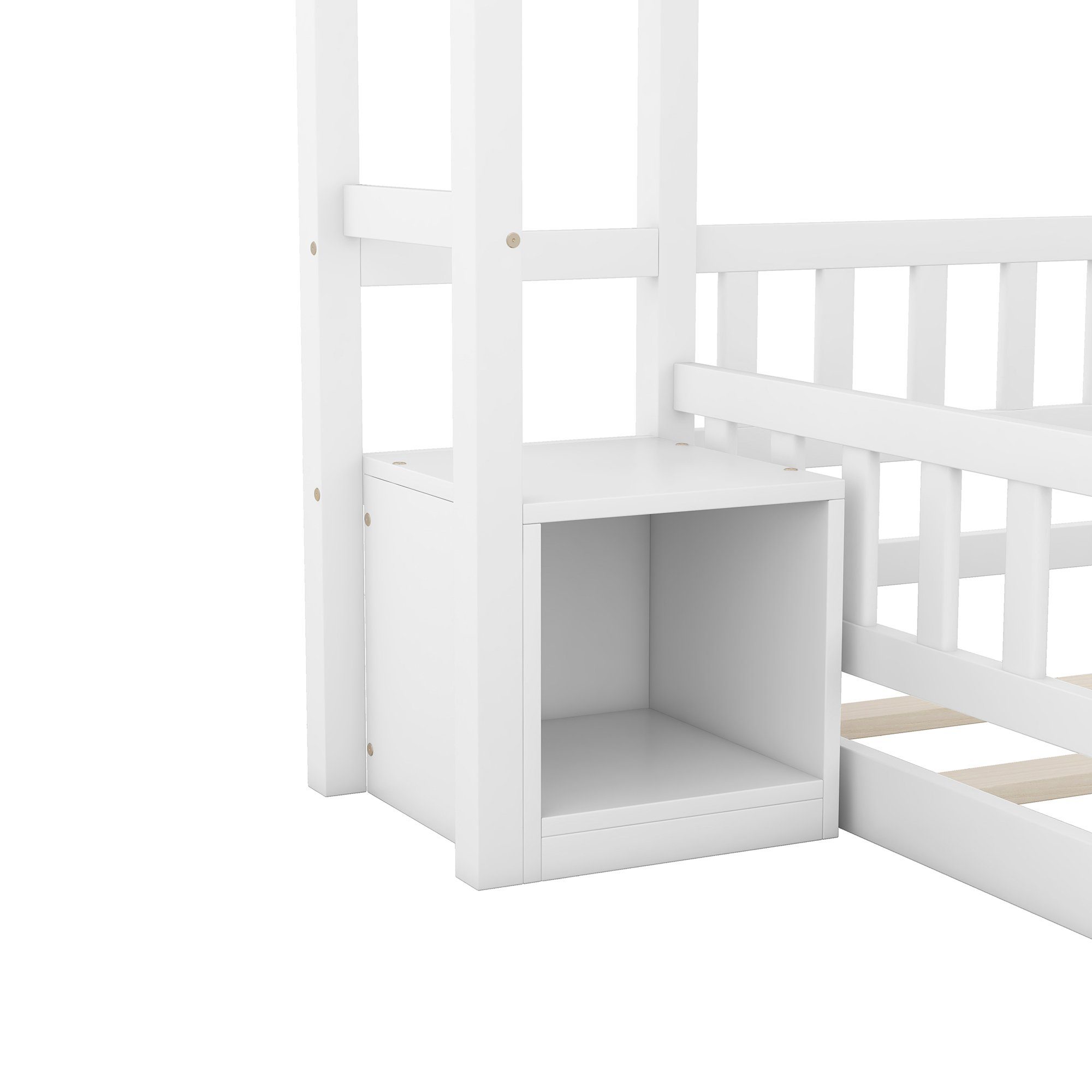 Merax Holzbett, mit Nachttisch und Rausfallschutz, Kinderbett 140x200 cm, Hausbett