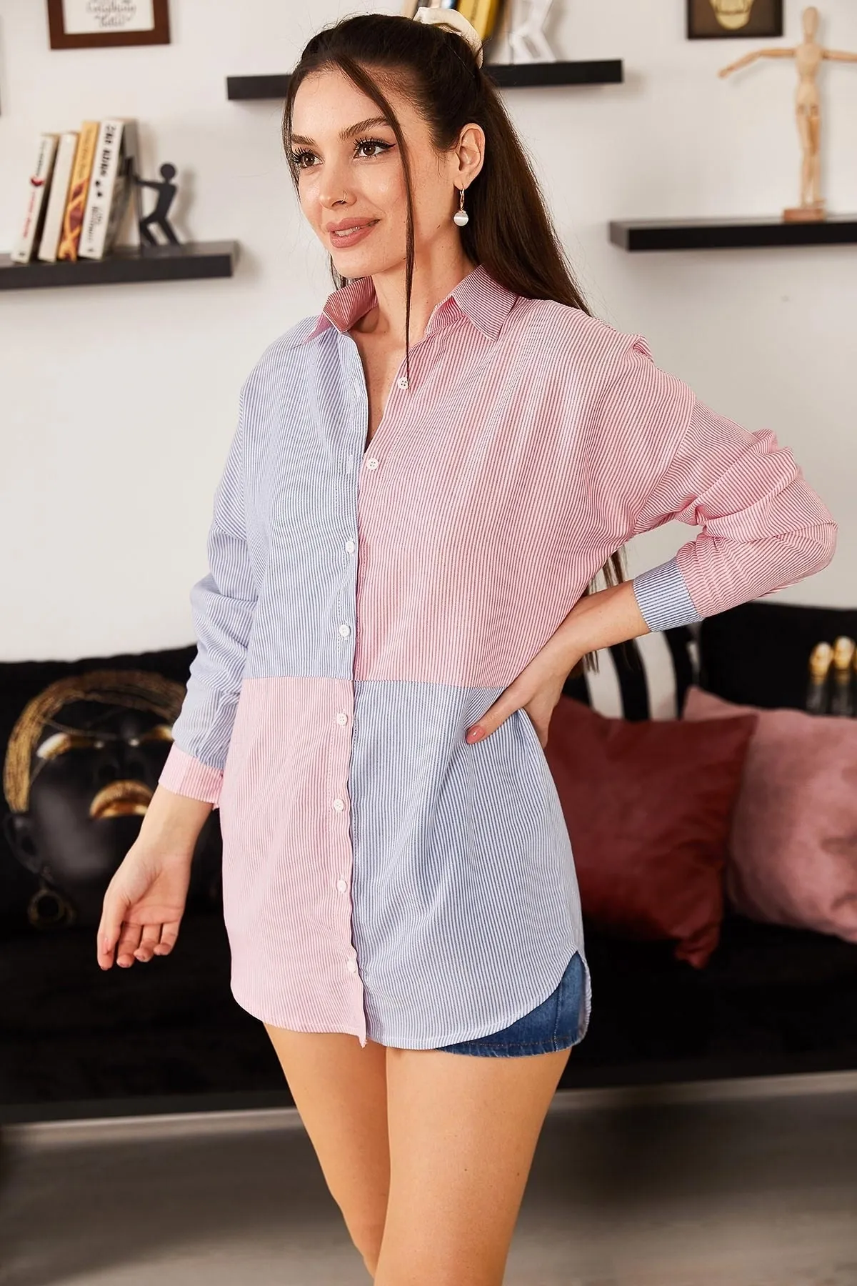armonika  Blau gestreiftes zweifarbiges Langarm-Freizeithemd für Damen ARM-21K001193