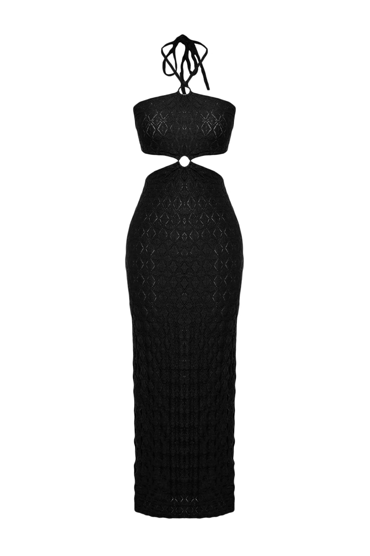 Trendyol Collection  Schwarzes, tailliertes Maxi-Strandkleid aus Strick mit Accessoires TBESS23EL00078