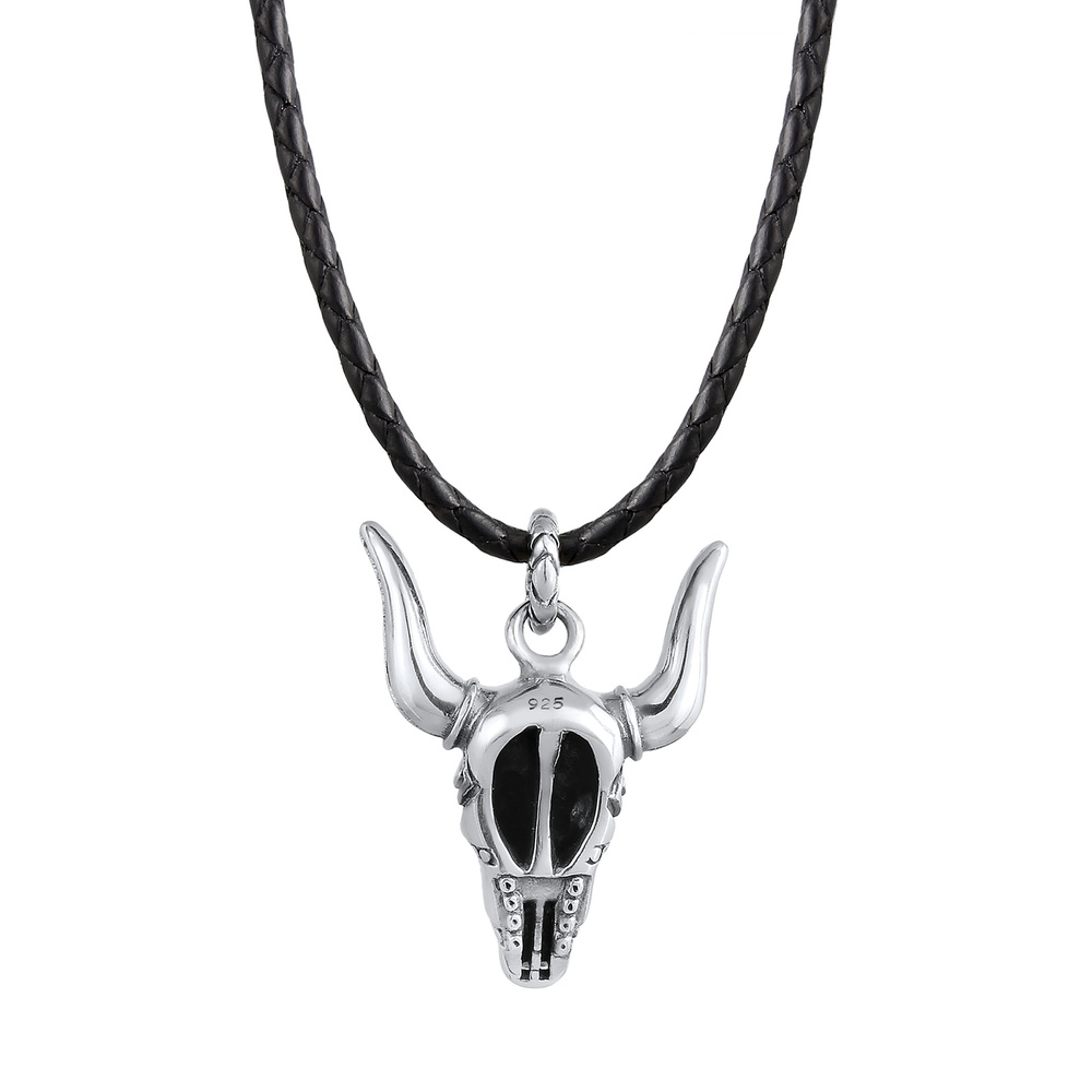 KUZZOI KUZZOI Collier Herren Lederkette Stierkopf Oxidiert 925 Silber collier