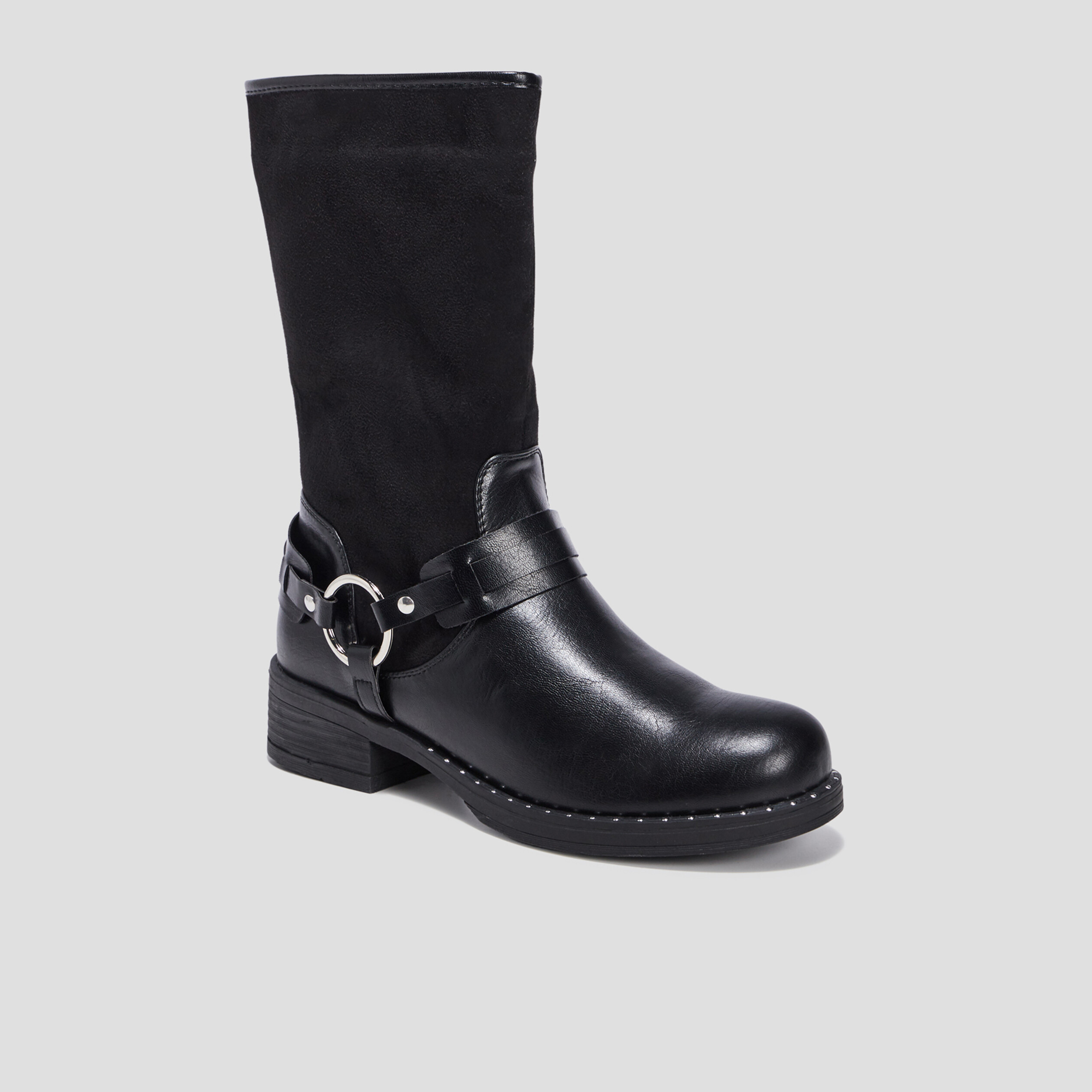 Bottes bi-matière avec boucles noir femme | La Halle