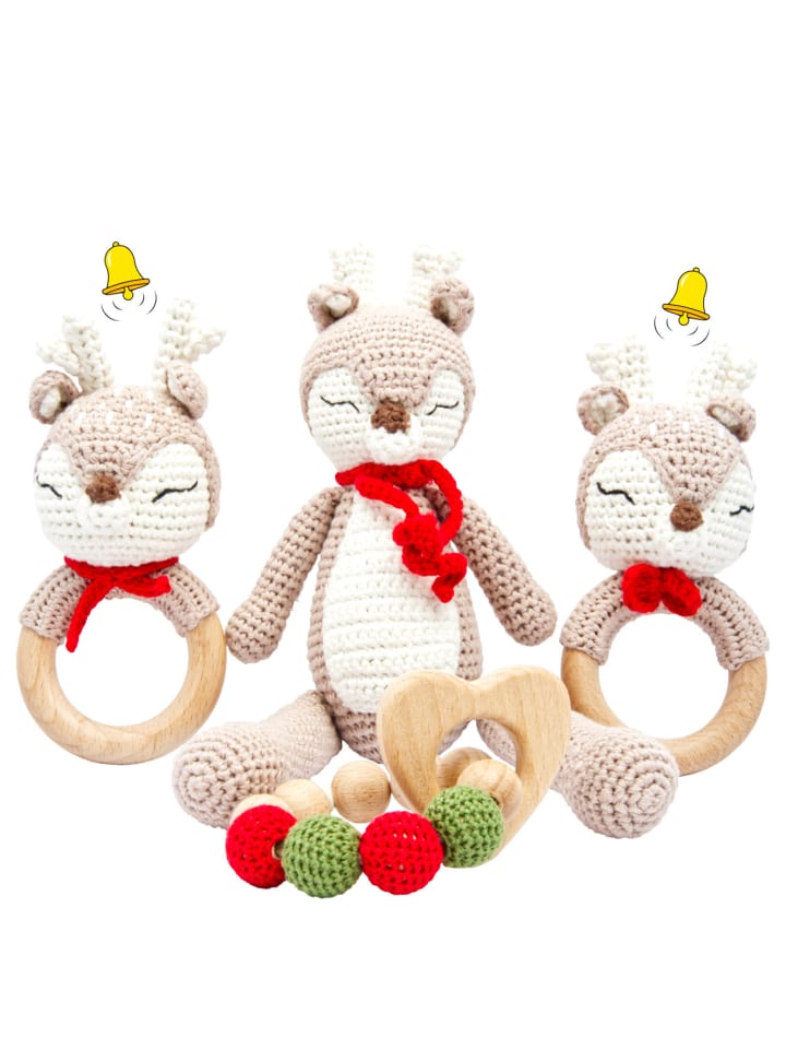 miniHeld Handgestrickter Reh Ivy Set Babyrassel Holzspielzeug und Baumwolle 0 Monate günstig kaufen onesize