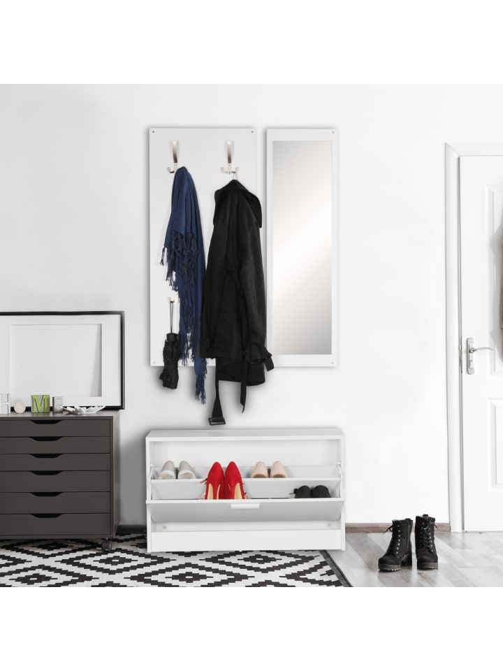 KADIMA DESIGN Wand-Garderobe SALERNO mit Spiegel & Schuhschrank Spanplatte weiß in Weiß günstig kaufen onesize