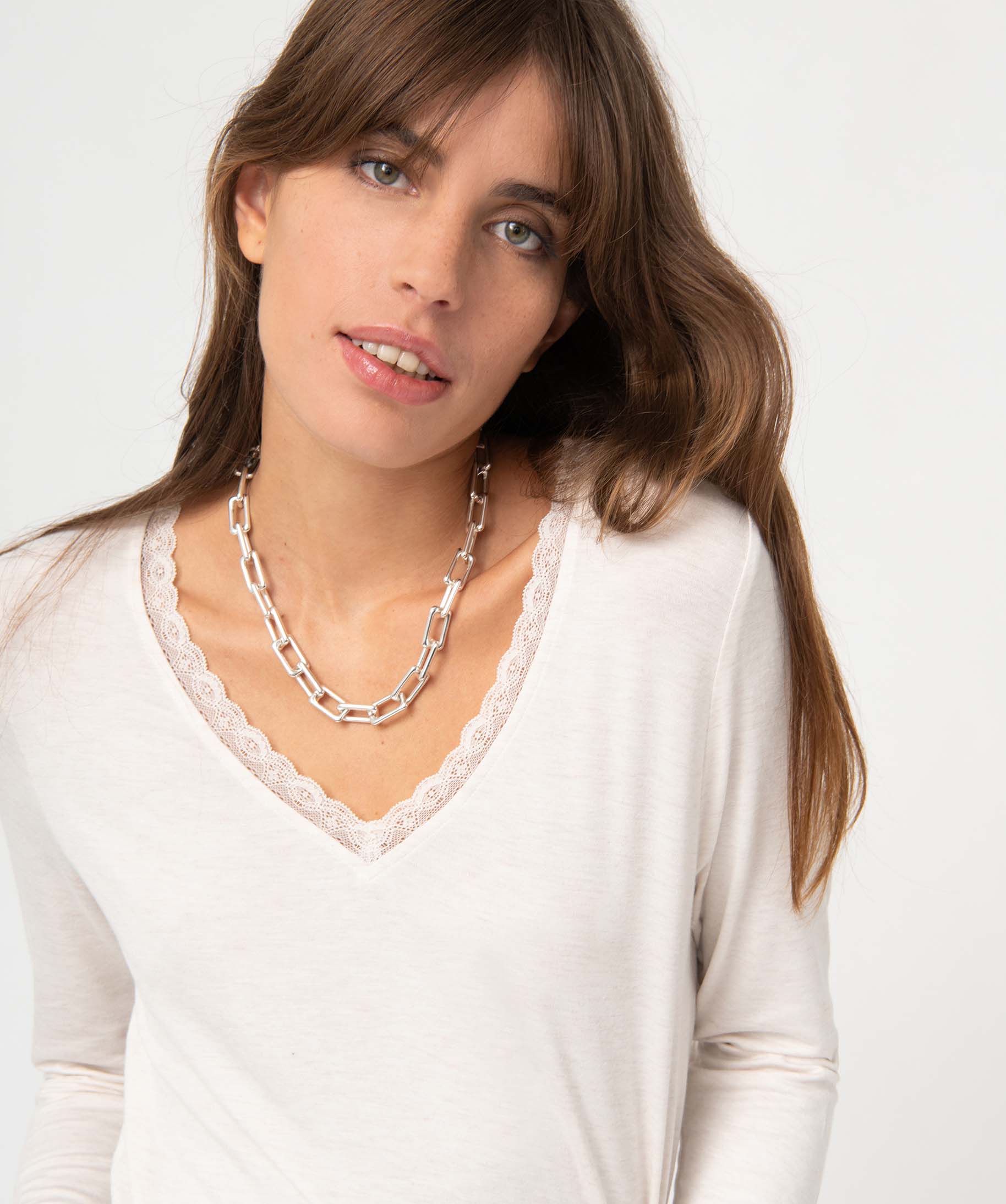 Tee-shirt femme à manches longues et col V en dentelle ecru | GEMO