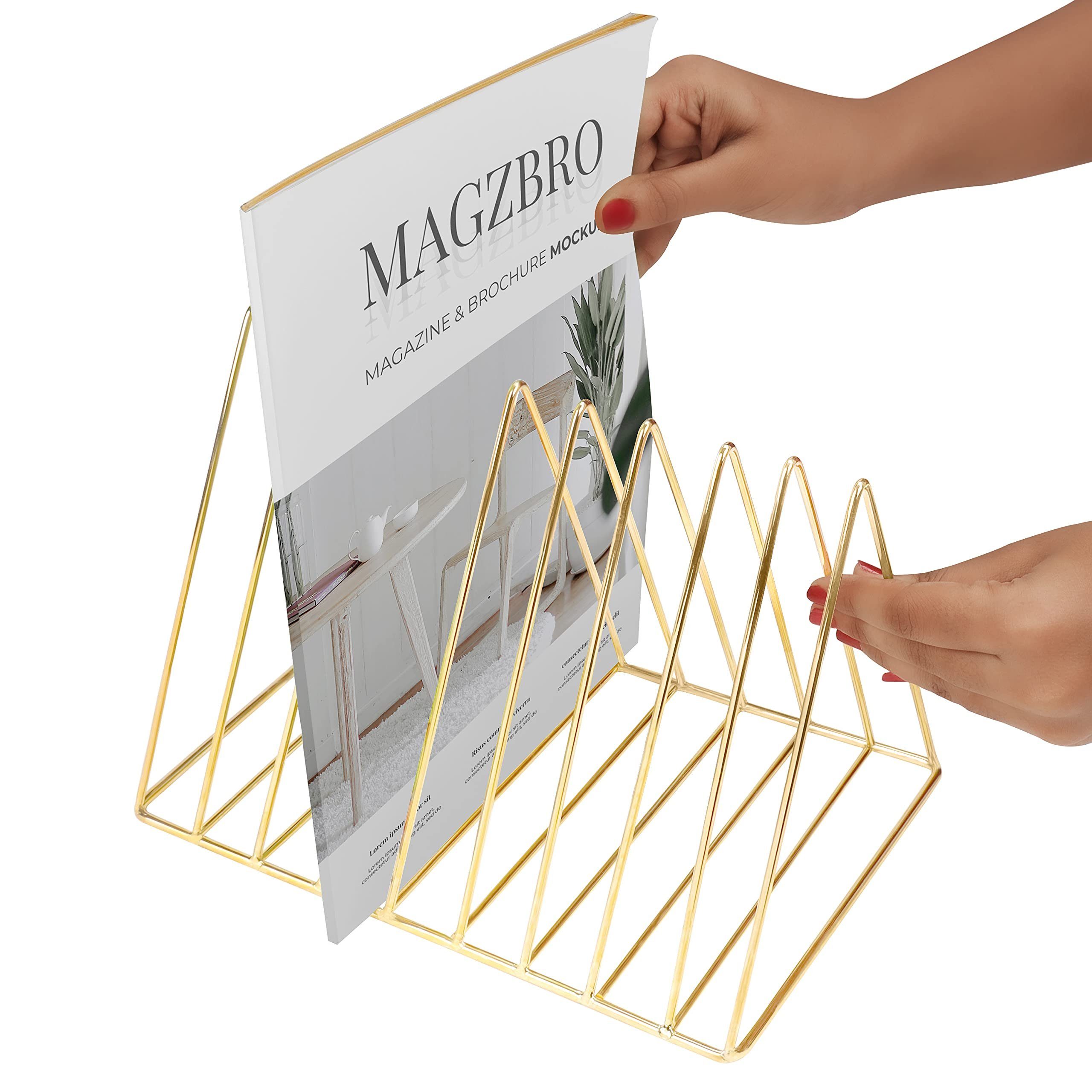 Belle Vous Zeitungsständer Metall Buchstütze mit 9 Fächern - Gold, Dreieckig, Metal Bookend with 9 Slots - Gold, Triangular