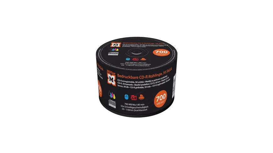 Müller CD-R 700MB I 80min, 52-fache Schreibgeschwindigkeit, vollflächig bedruckbar (Tintenstrahldrucker), 50er Pack