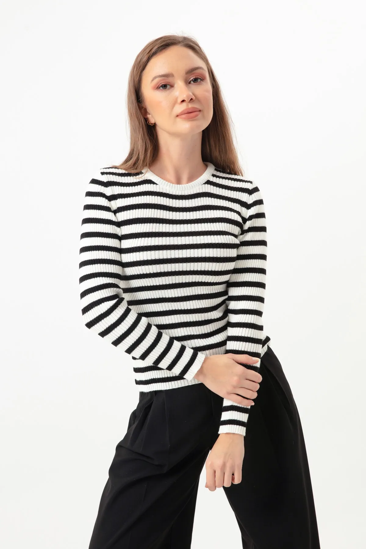 Lafaba  Weiß gestreifter, gerippter Lycra-Strickpullover für Damen