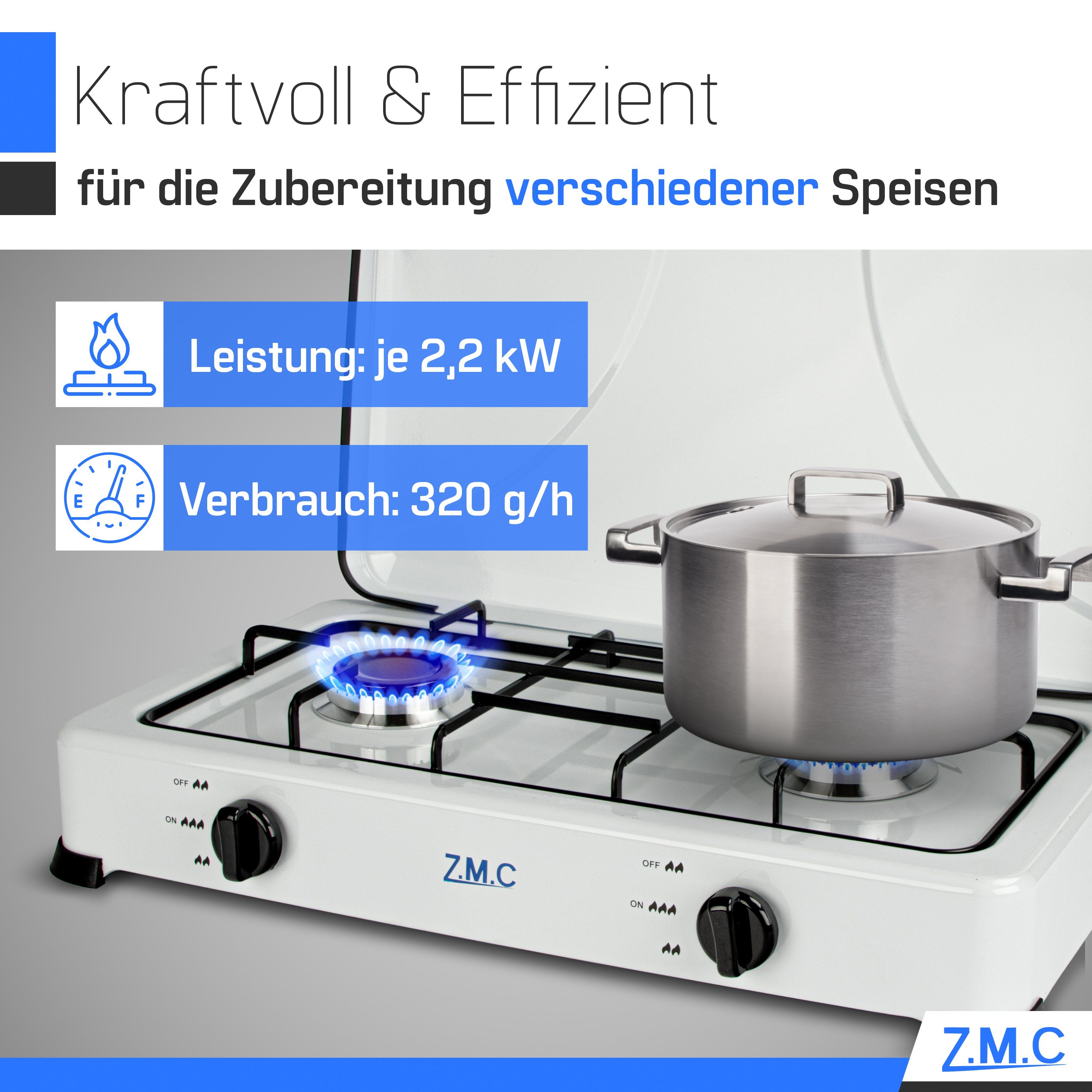 ZMC Gaskocher Tragbarer Gaskocher Campingkocher 2-flammig inkl. Schlauch und Regler, 2,2 kW 50 mBar Outdoor Gasherd Kochfeld Herd Propangas Tischkocher
