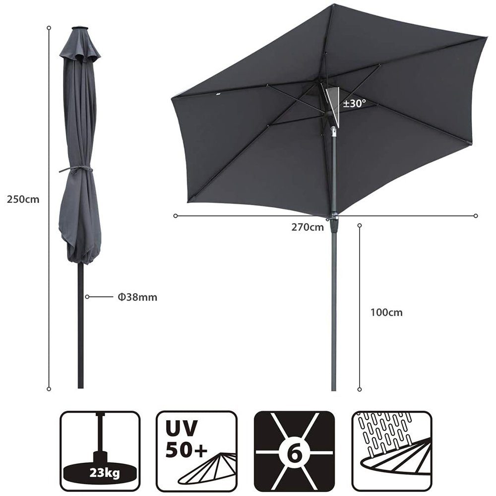 Sekey Marktschirm 270 cm Aluminium Sonnenschirm, UV-Schutz bis UPF 50+, mit Kurbel