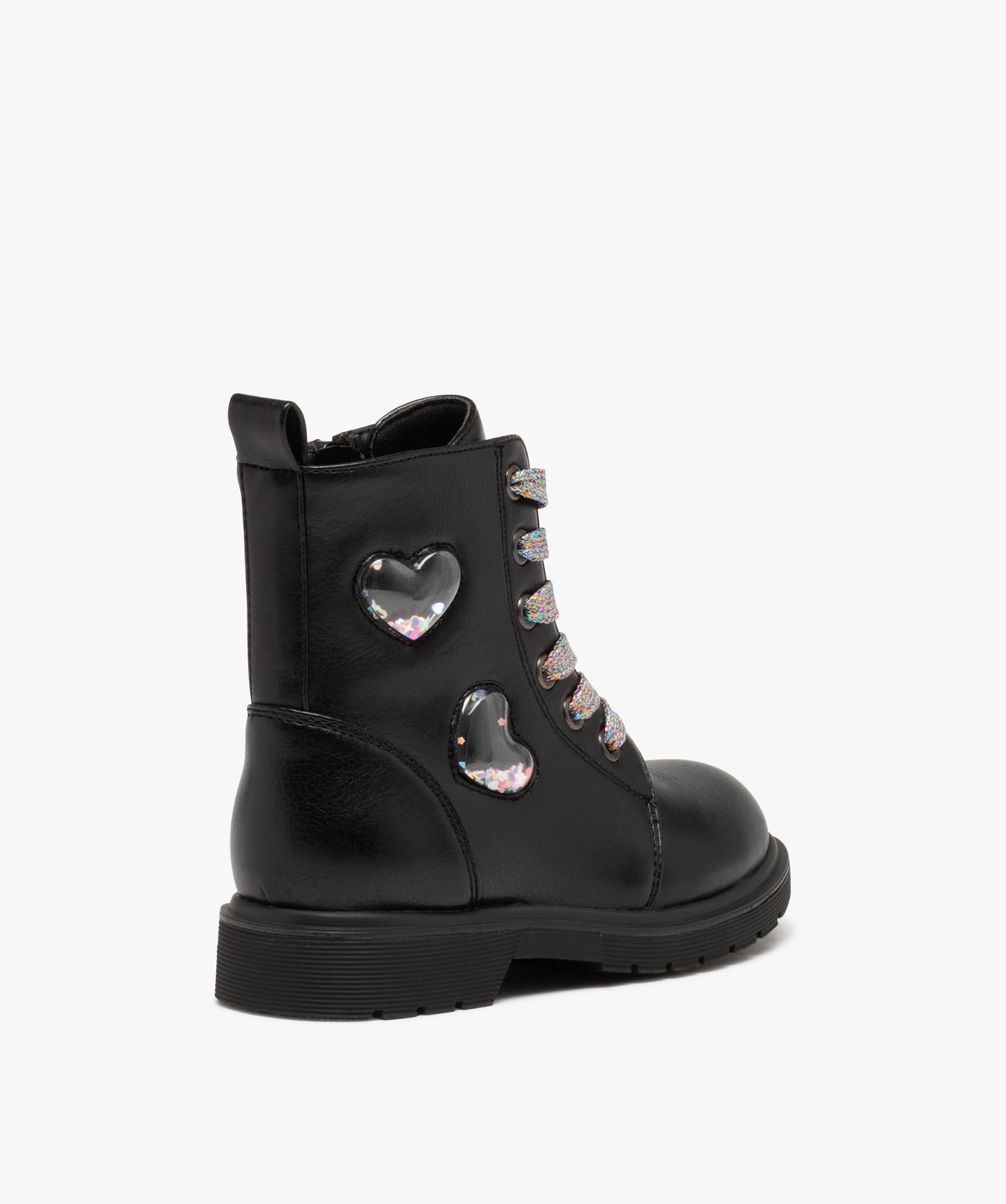 Boots fille unies à lacets multicolores avec coeurs en relief noir | GEMO