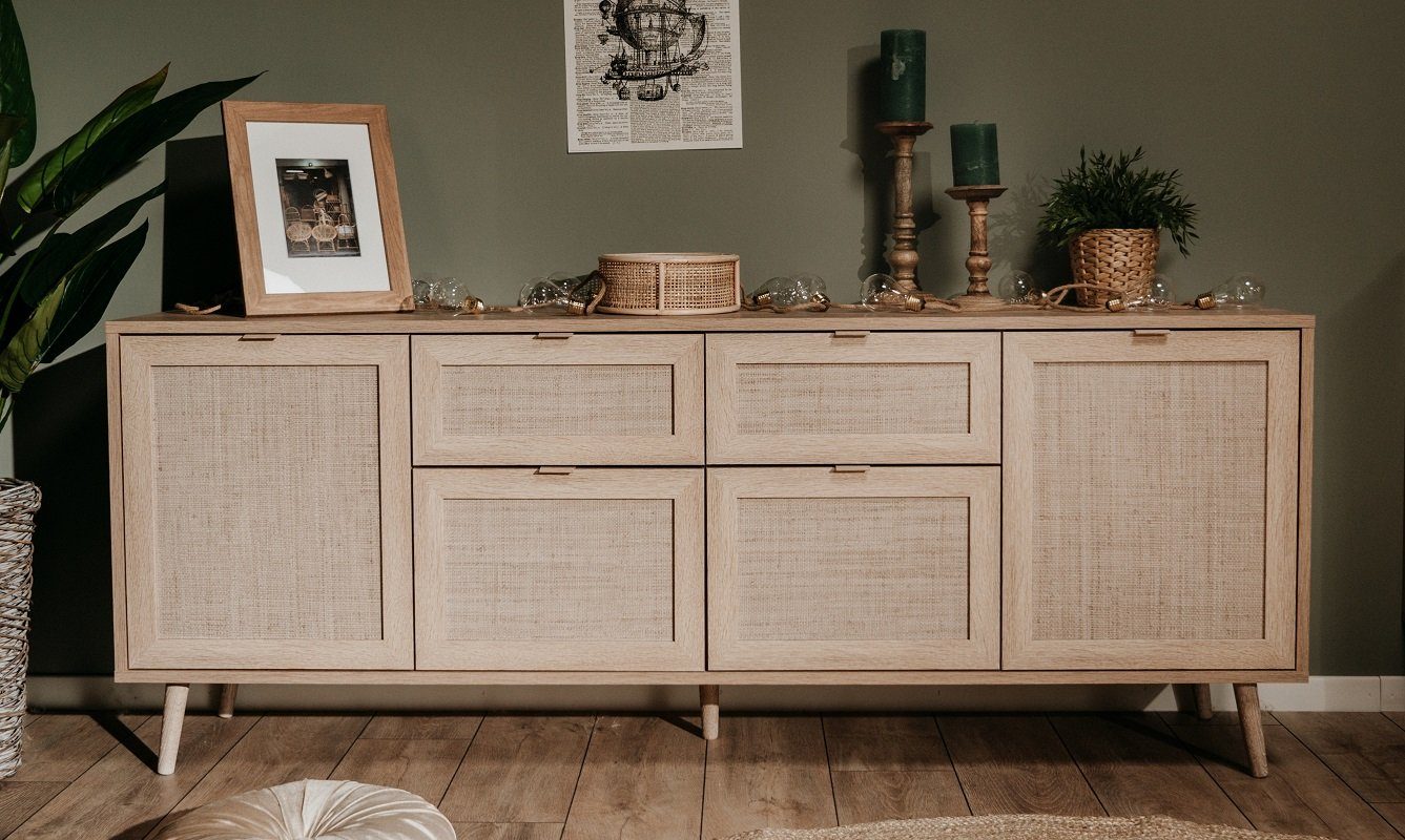 Finori Sideboard Sideboard Kommode groß Bali, Sonoma Eiche / Rafia Geflecht, Mediterr
