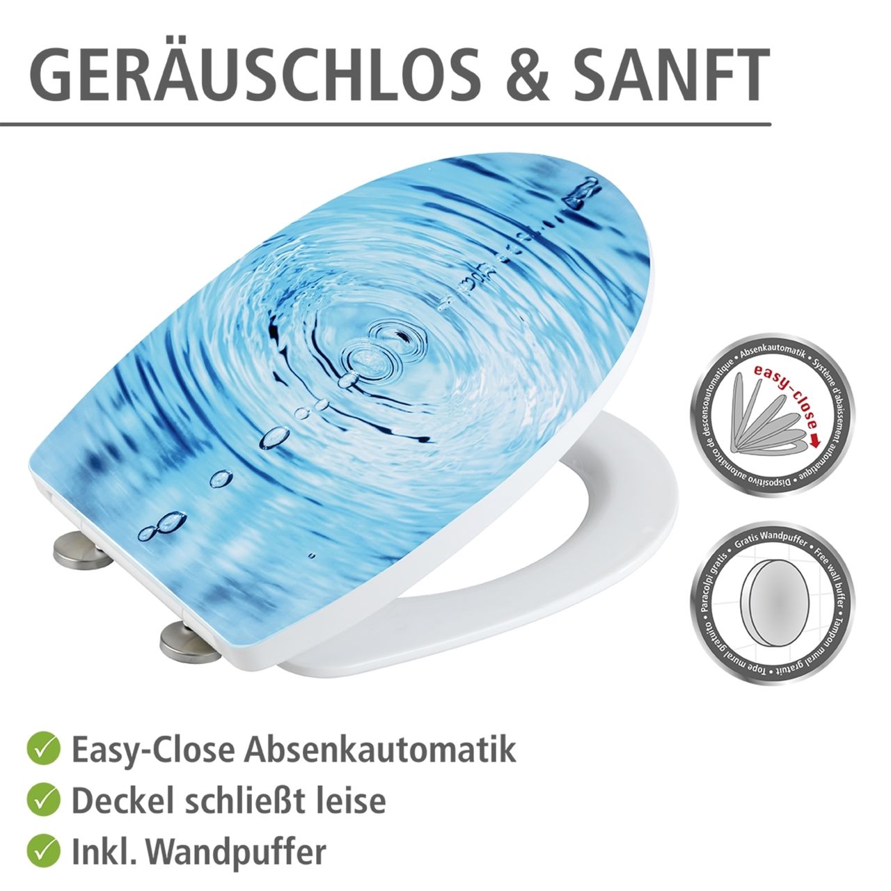 Wenko Toilettensitz Droplets Hochglanz, WC-Sitz mit Absenkautomatik, Schnellbefestigung