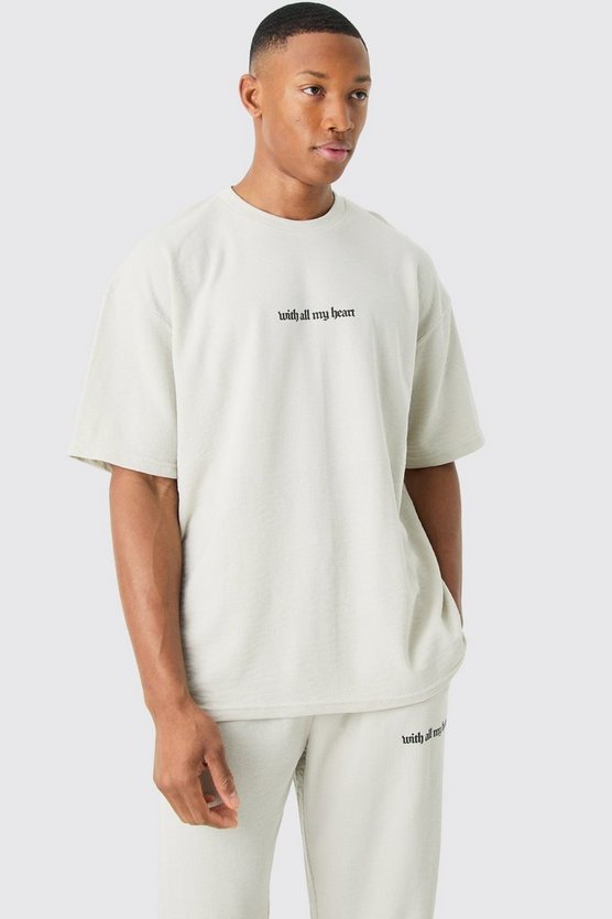 Loungewear T-Shirt und Jogginghose mit Herz-Print in Waffeloptik