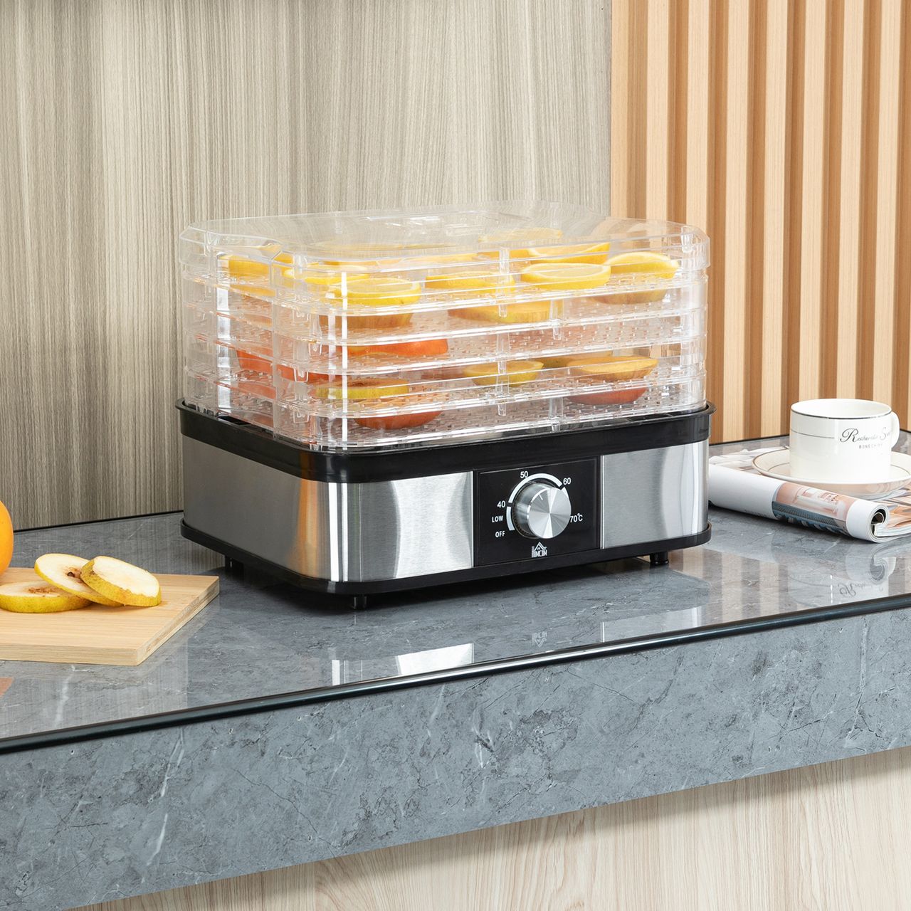 HOMCOM Dörrautomat Dörrgerät mit 5 Einlegefächer, 35-70°C, Obsttrockner Dehydrator für Fleisch Obst Haustier-Leckereien Edelstahl Silber Transparent 32 x 25 x 29cm