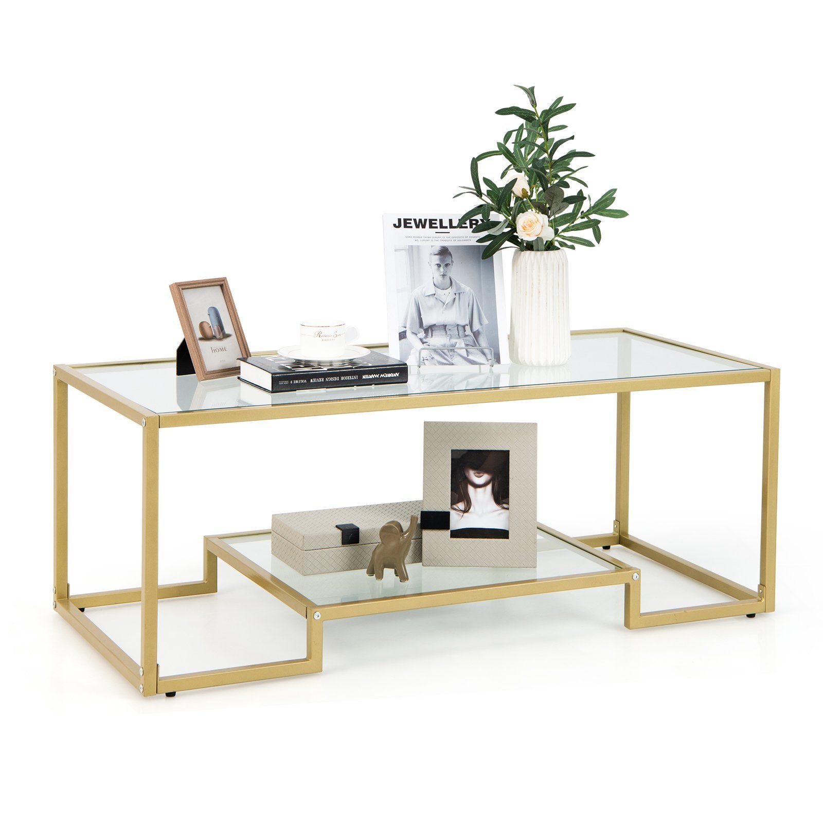 COSTWAY Couchtisch, Glas, Gold, mit Metallrahmen, 114 x 51 x 43,5 cm