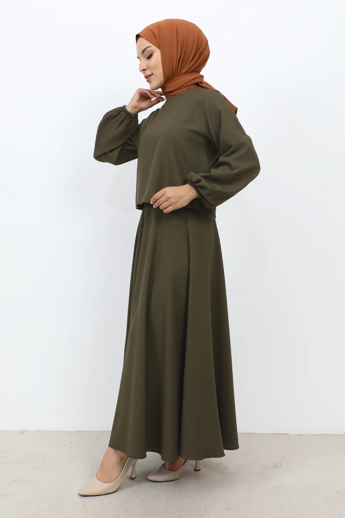 Tesettür Dünyası  Rockanzug mit elastischen Ärmeln TSD231105 Khaki