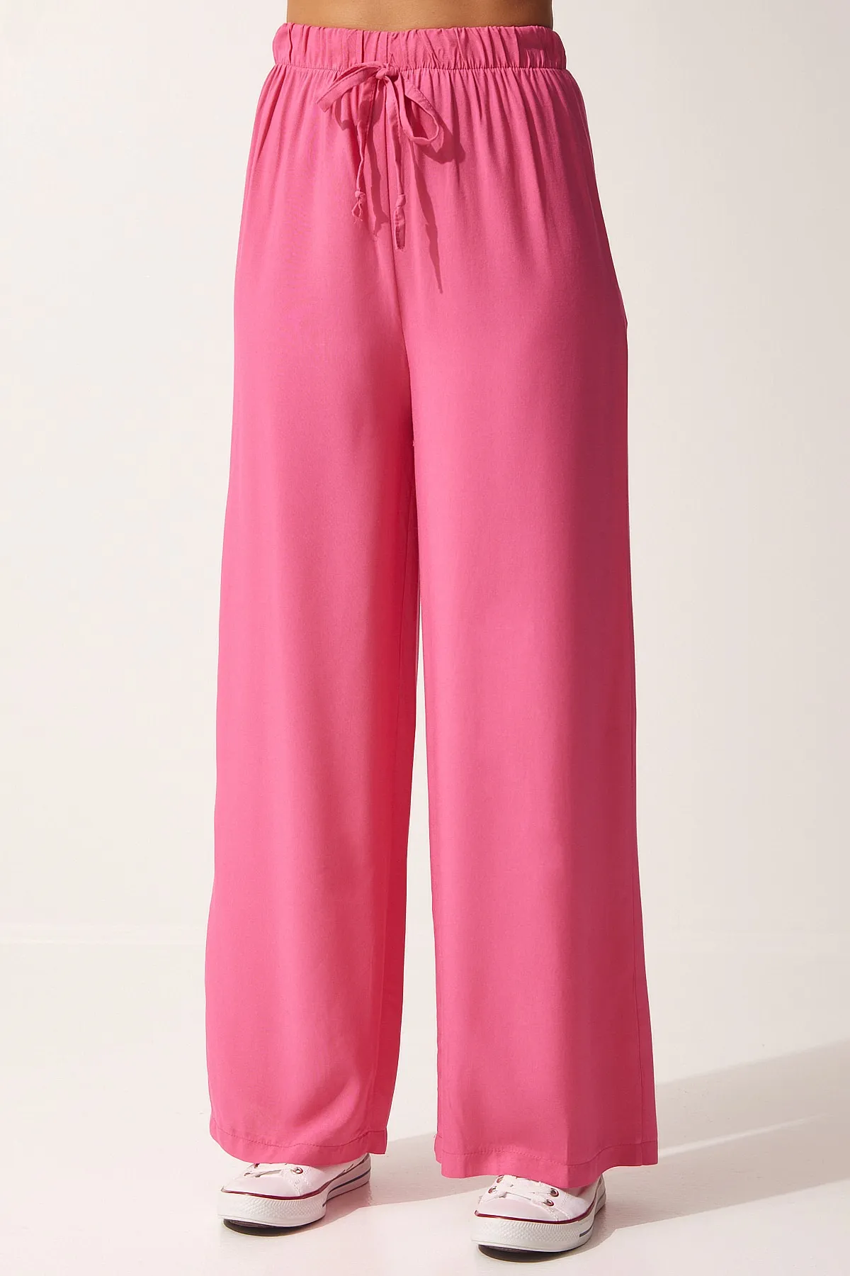 Happiness İstanbul  Rosafarbene Palazzo-Hose aus Baumwollviskose für Damen BV00076