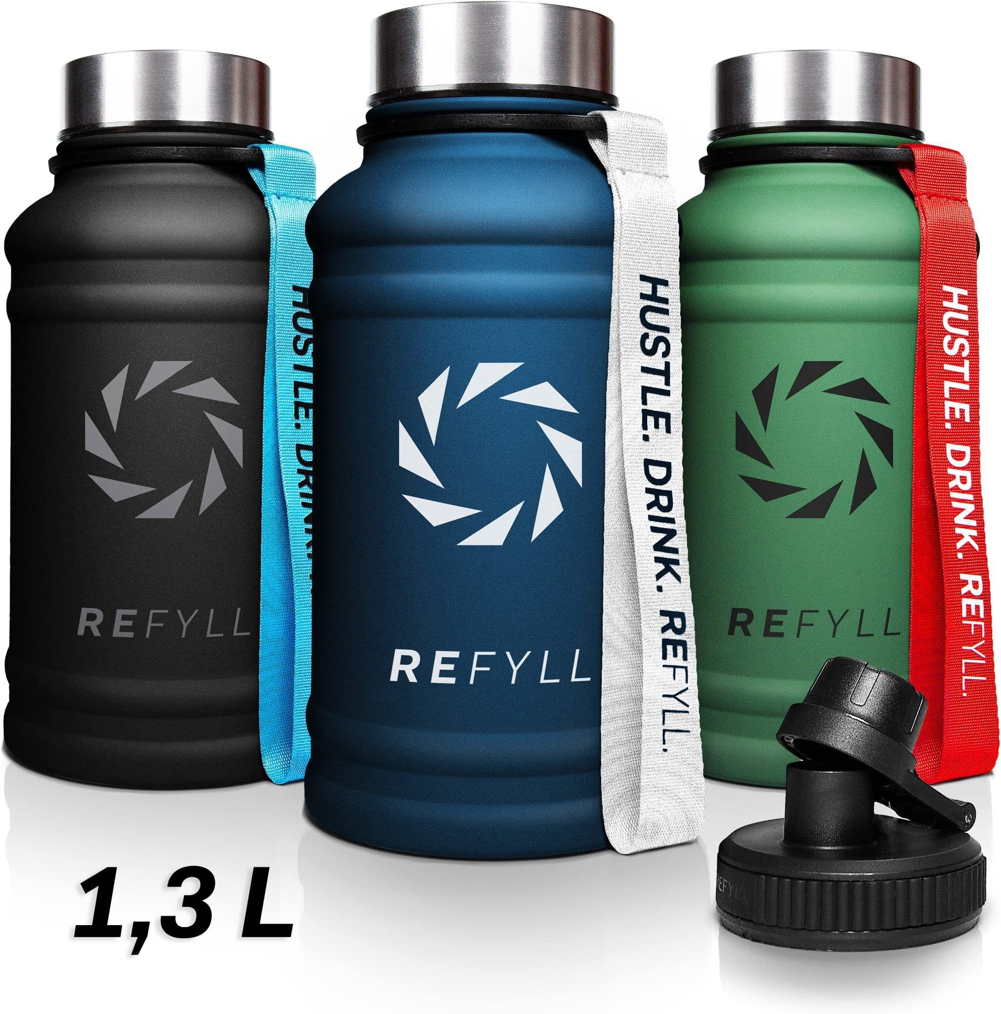 REFYLL Trinkflasche Edelstahl Trinkflasche Hero 1,3L und 2,2L, Auslaufsicher, robust, Fitness Trinkflasche für Sport, Gym, Water Jug auslaufsicher