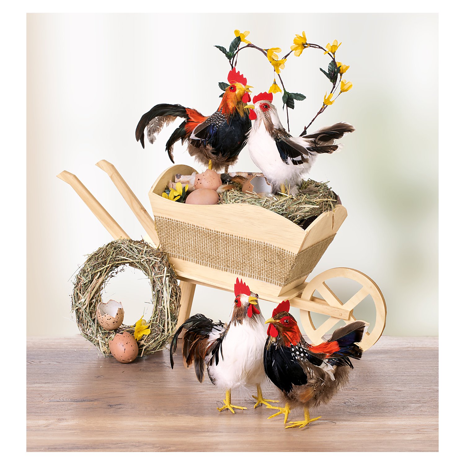 Federhahn und –huhn, 18 und 20 cm, 2 Stück