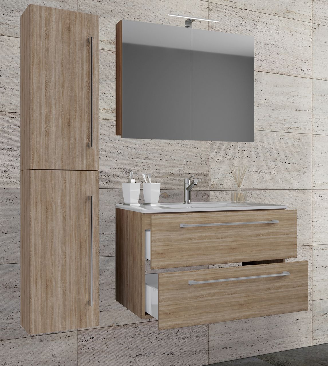 VCM Waschplatz Badinos 60 cm Spiegelschrank & Hochschrank 4-tlg. Sonoma-Eiche