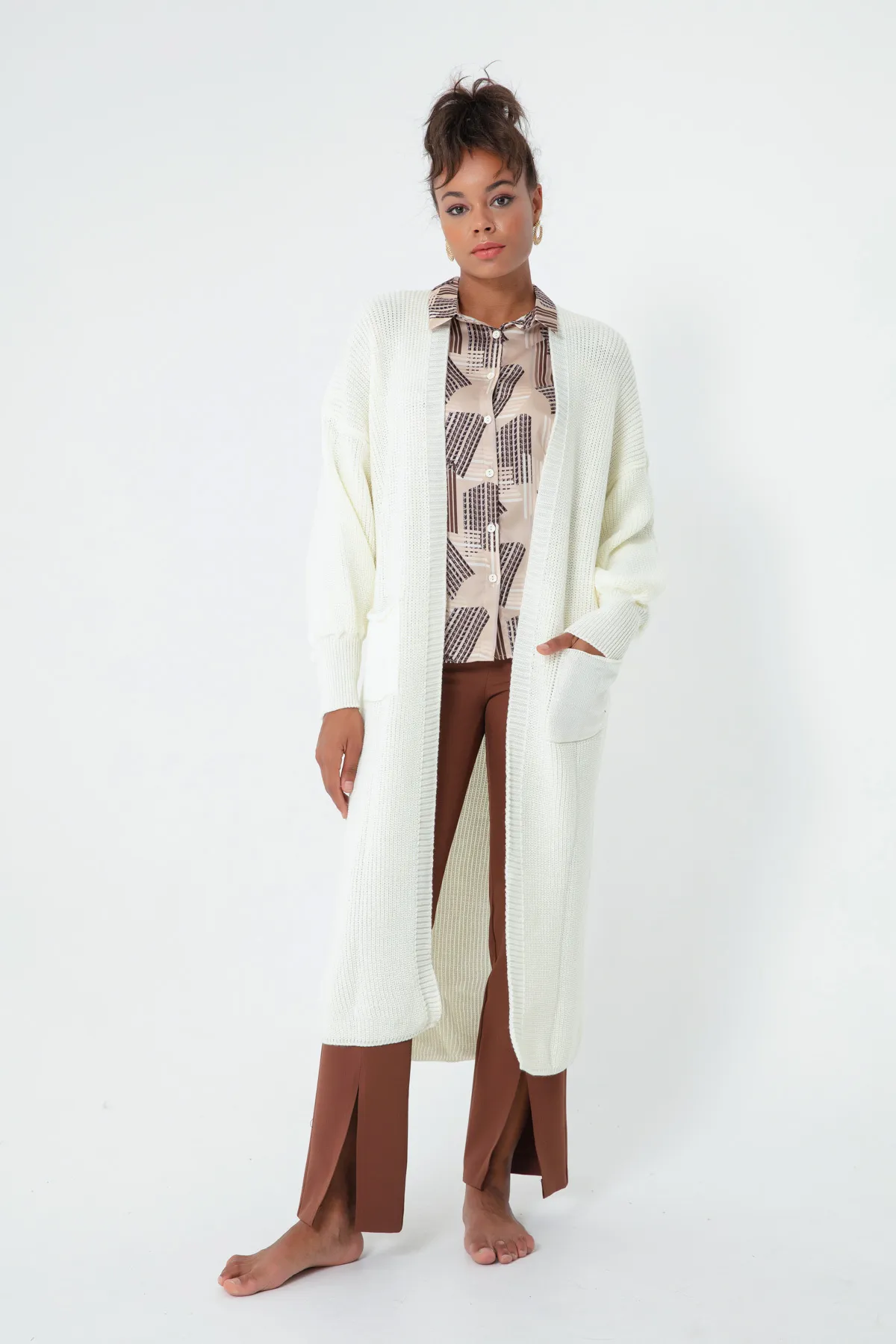 Lafaba  Weißer langer Cardigan für Damen mit Ballonärmeln