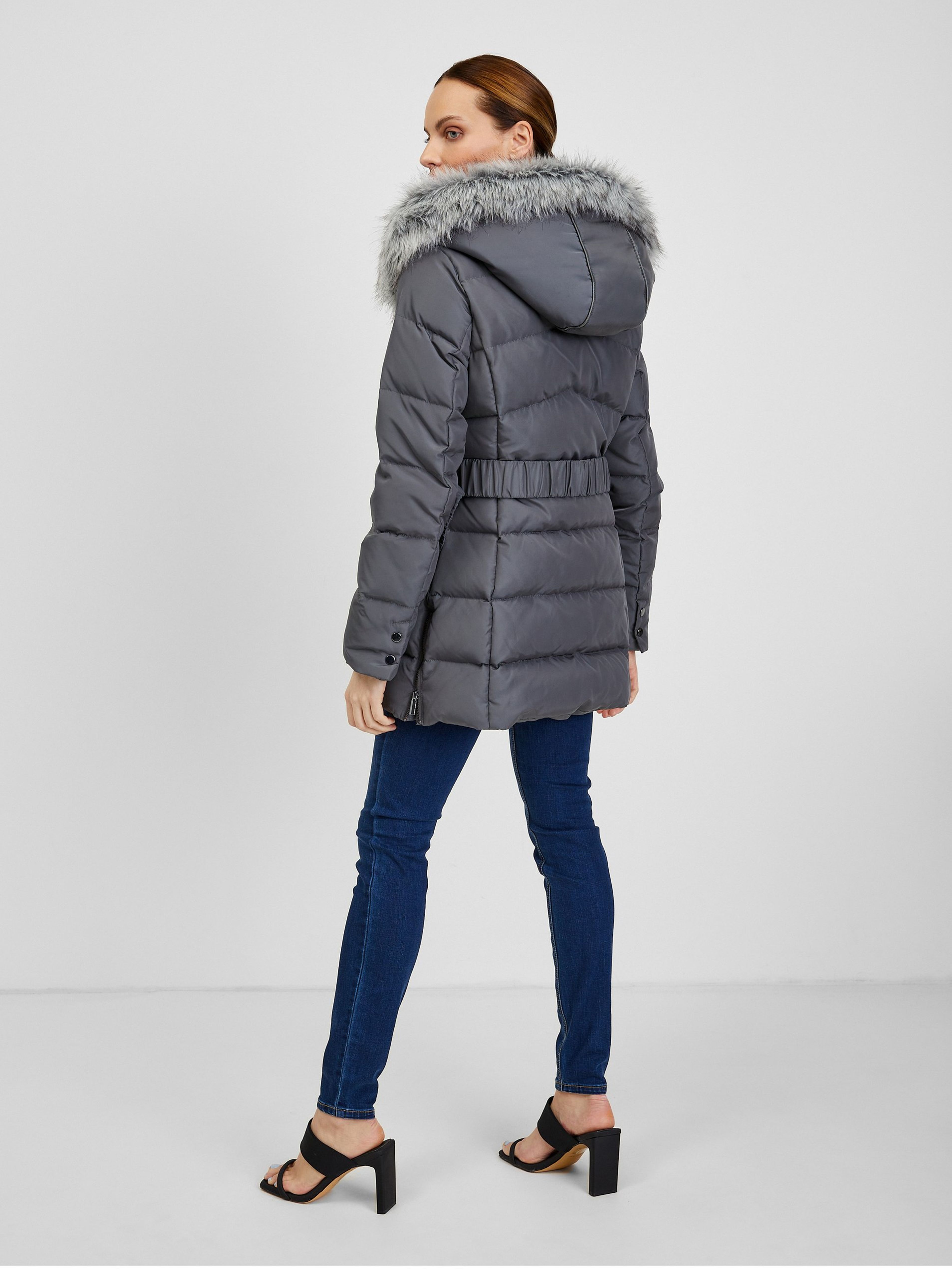 Dunkelgraue Damen-Winter-Steppjacke mit Gürtel ORSAY