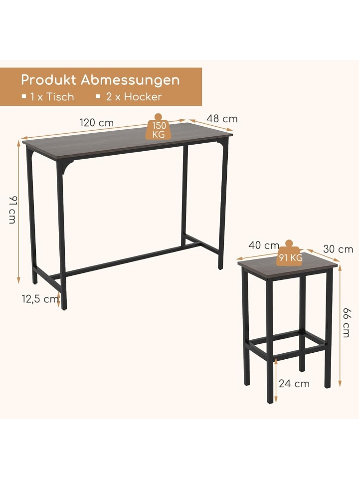 COSTWAY Bartisch mit Barhocker Set in Taupe günstig kaufen onesize