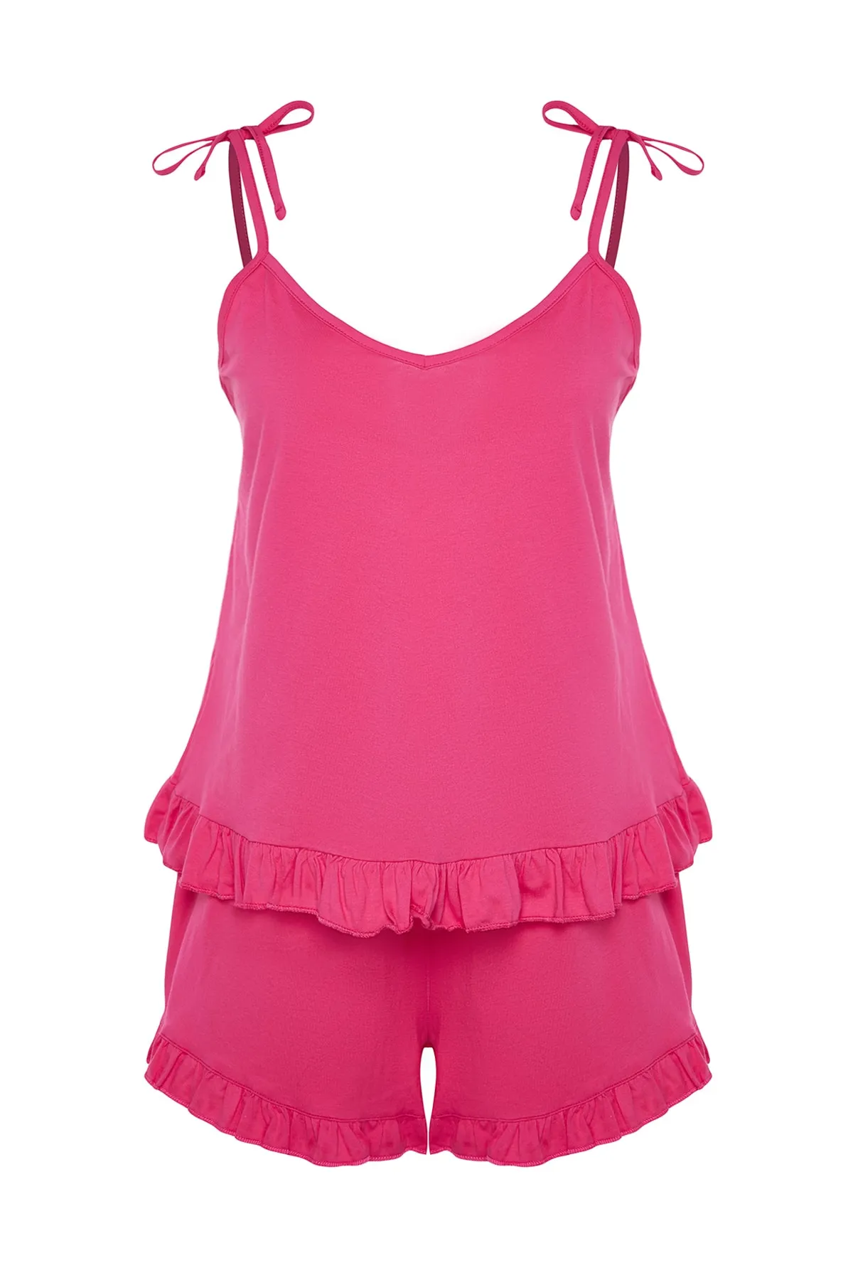 Trendyol Curve  Fuchsiafarbenes Pyjama-Set mit Strick- und Schnürdetails TBBSS22PT0564