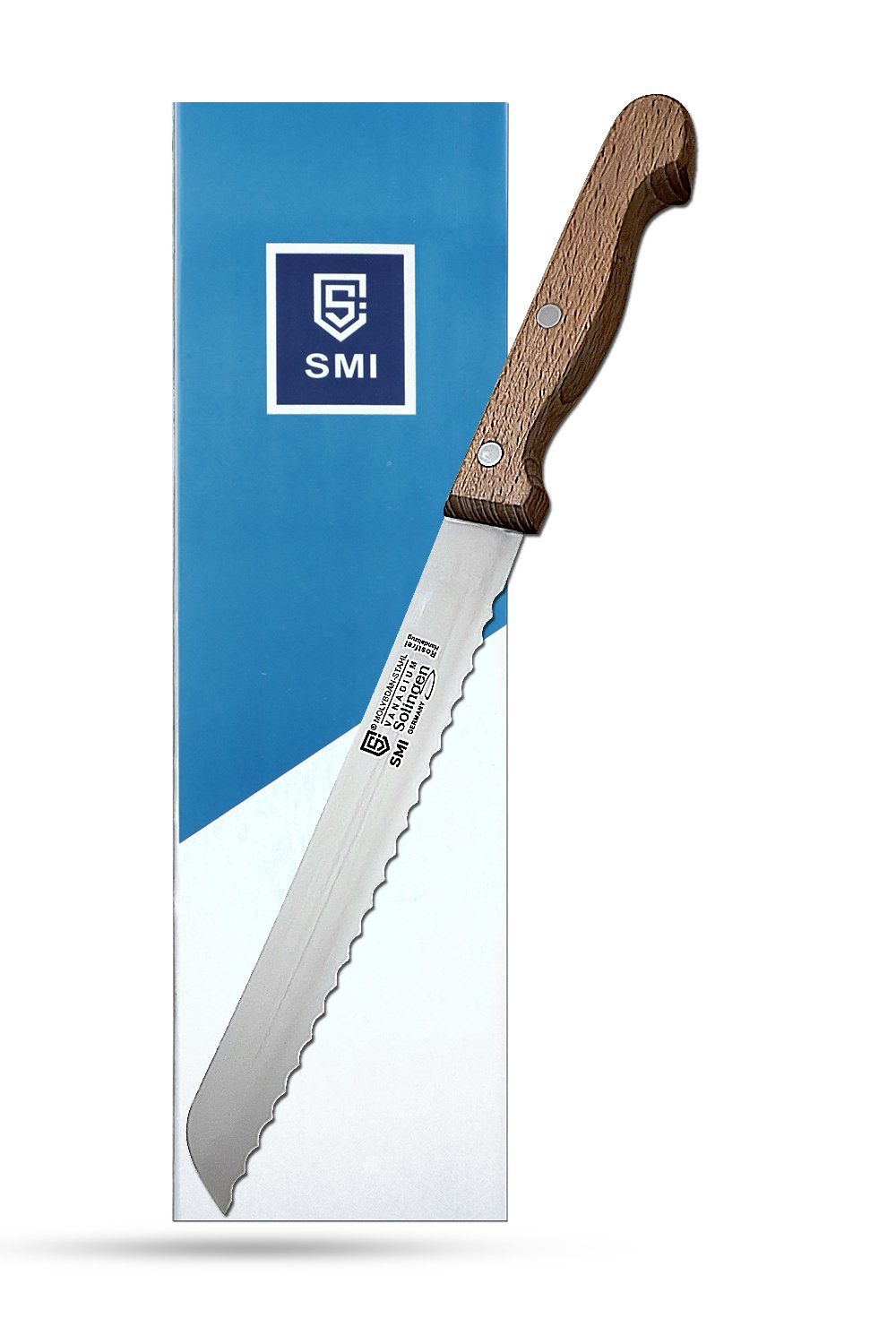 SMI Brotmesser Solingen Brotmesser 20 cm Wellenschliff Brötchenmesser Buchenholz