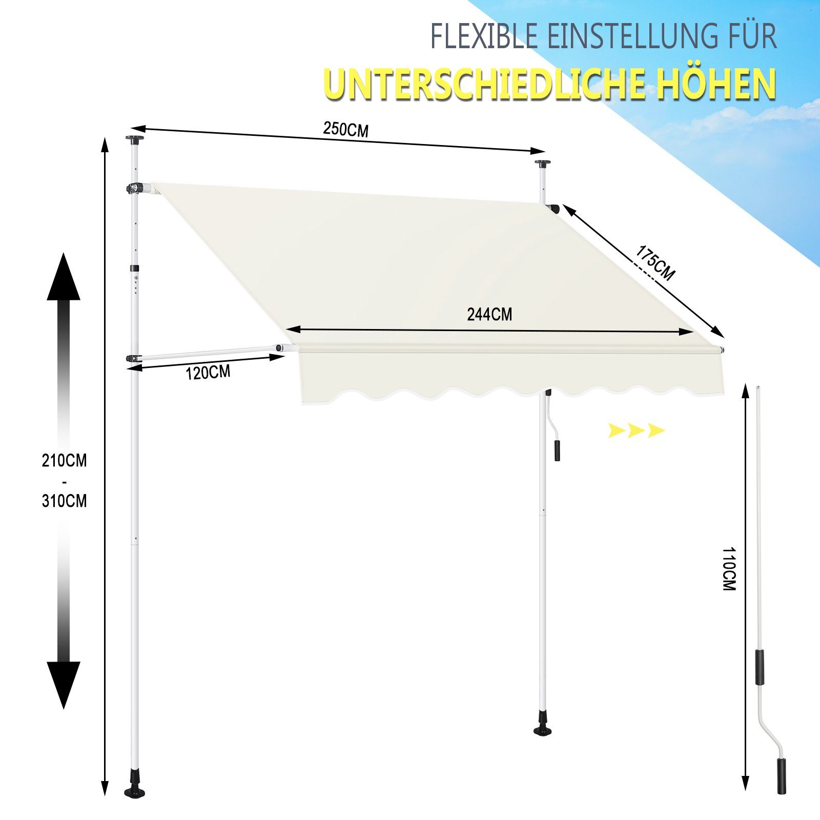 Woltu Klemmmarkise (1-St) höhenverstellbar, UV-beständig wasserdicht